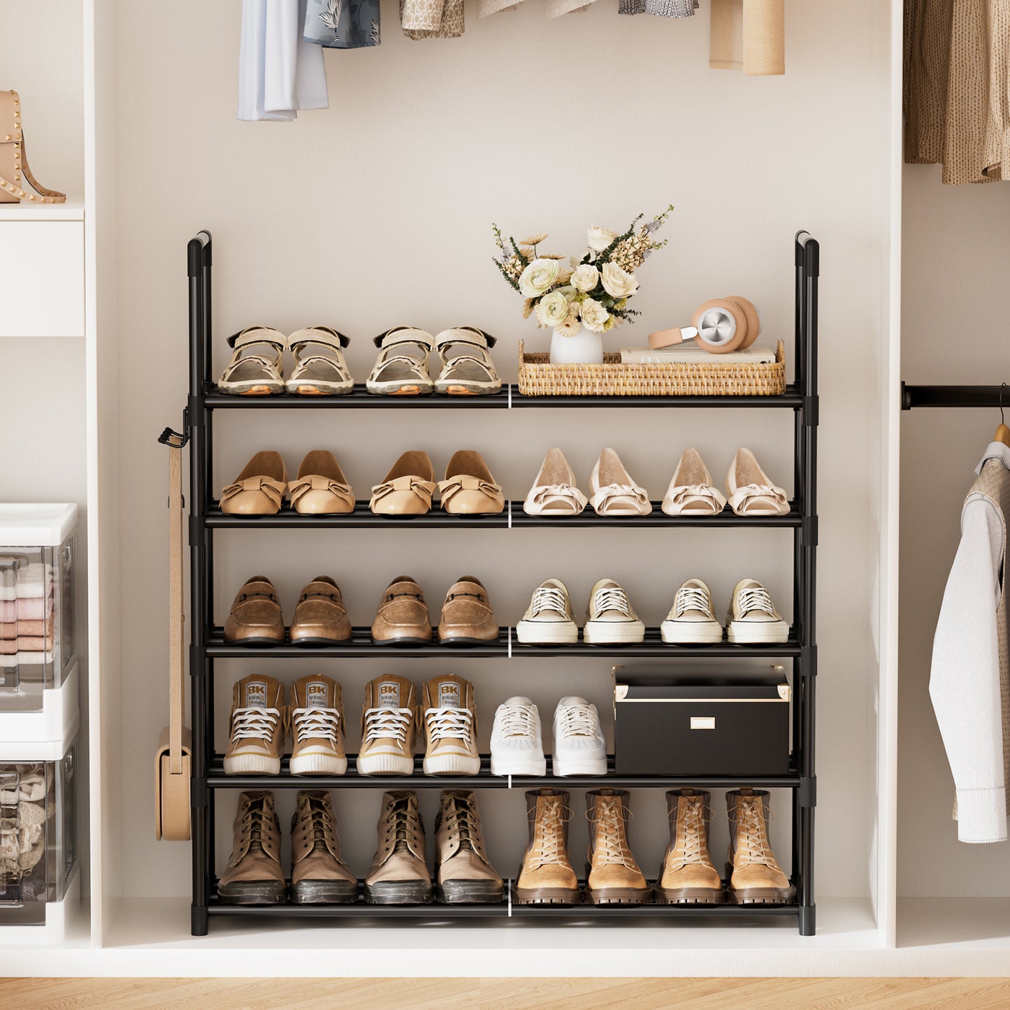 BGTREND 5-Tier Expandable Shoe Rack, Adjustable Metal Shoe Organizer Shelf for Closet Hallway Entryway, Black