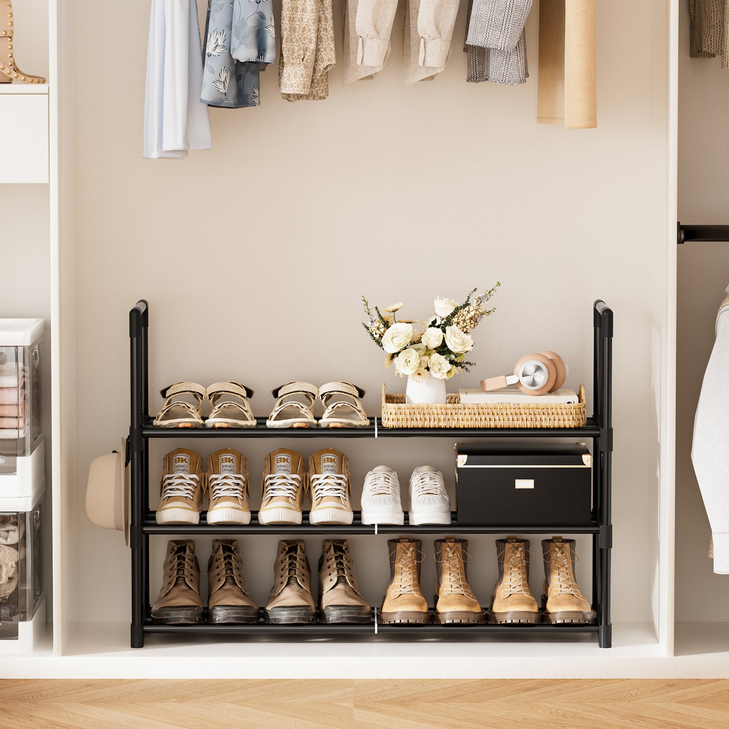 BGTREND 3-Tier Expandable Shoe Rack, Adjustable Metal Shoe Organizer Shelf for Closet Hallway Entryway, Black