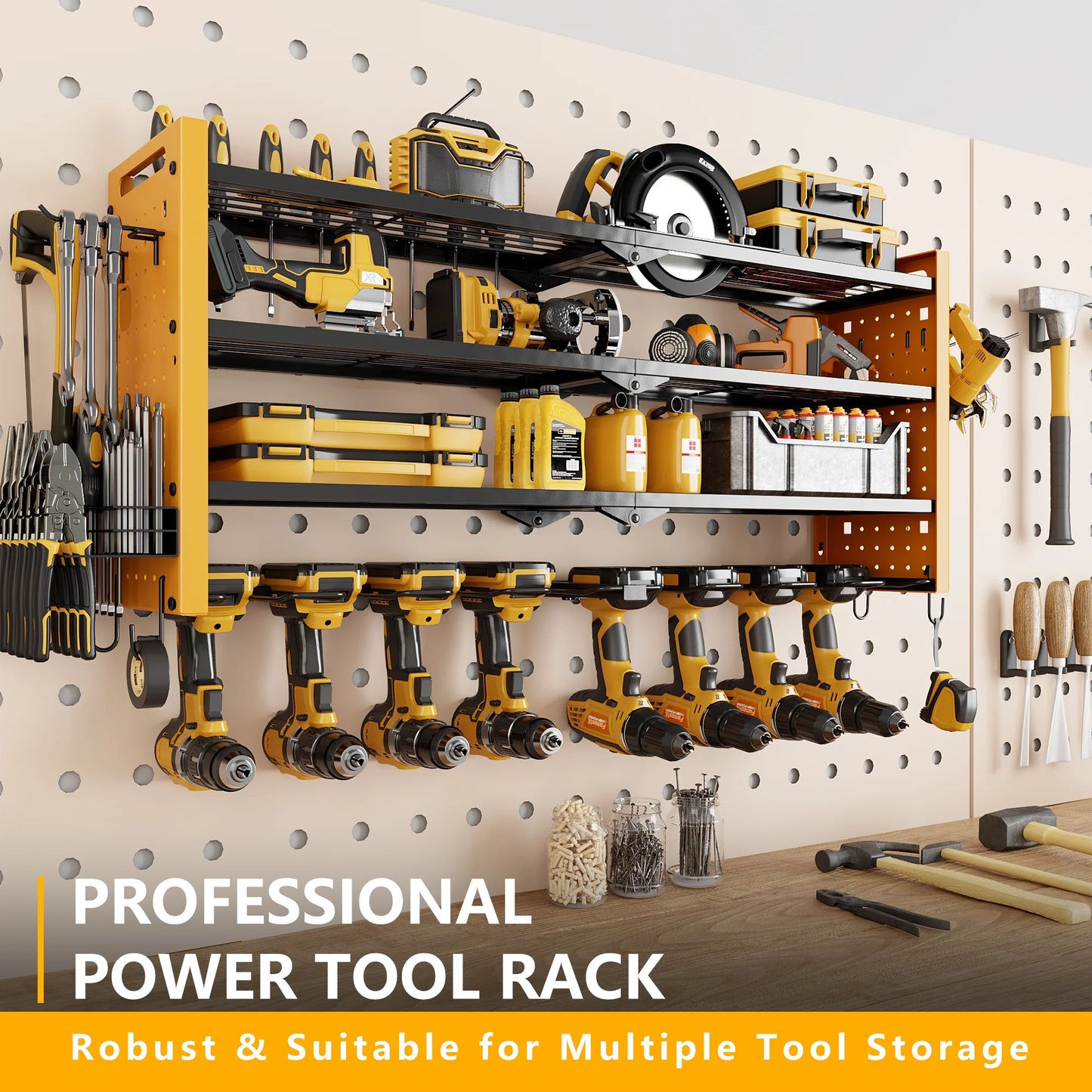BGTREND Power Tool Organizer Wall Mount with 8 Cordless Drill Holders, 4 Layers Heavy Duty Tool Storage Shelf Organizer (Yellow)
