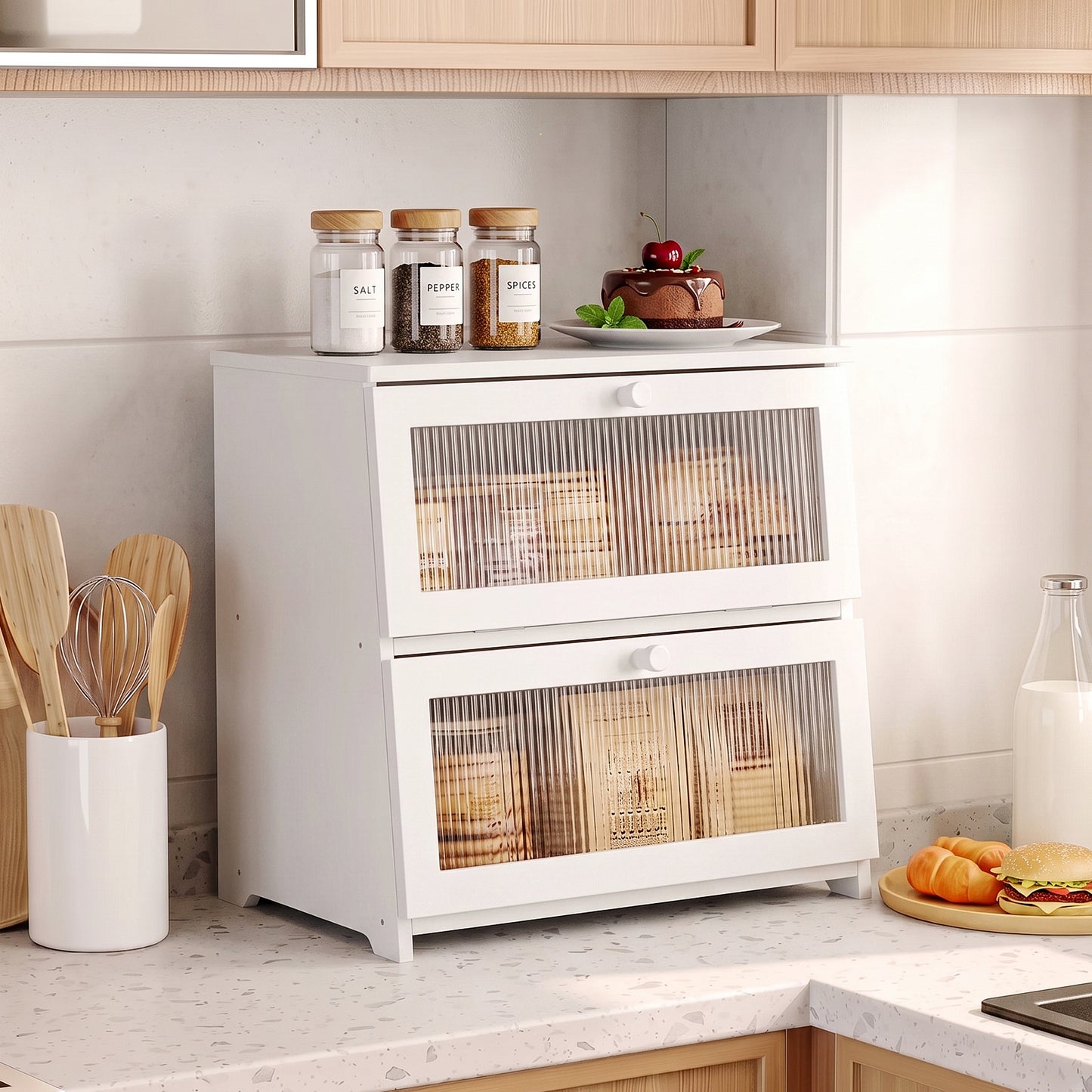 BGTREND Bread Box With Trapezoidal Bamboo for Kitchen Countertop, Spacious Wooden Corner Bread Storage Container, Under Cabinet Organizer(White,Double Layer)
