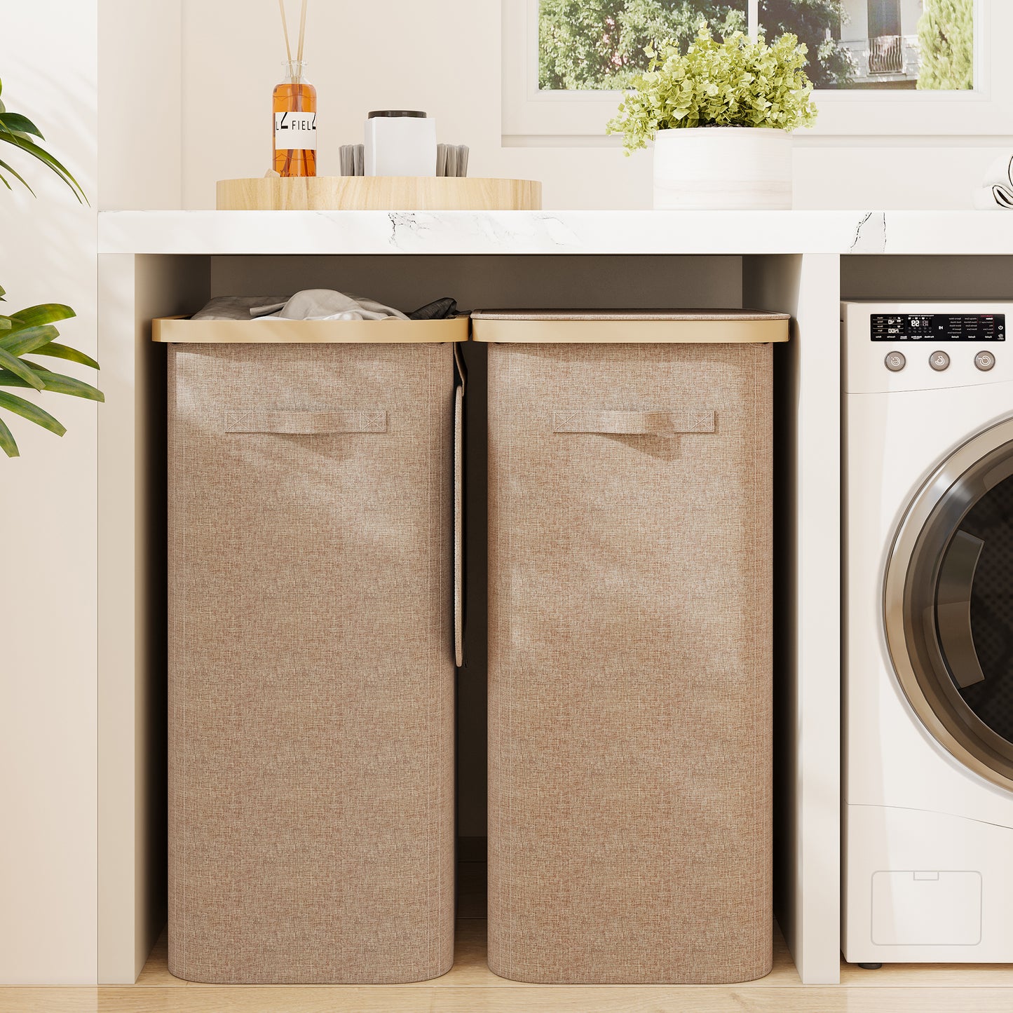 BGTREND 2PCS Slim Laundry Hamper with Lid 110L Foldable Clothes Basket with Removable Mesh Bag & Handle for Closet Bathroom Bedroom (Beige)