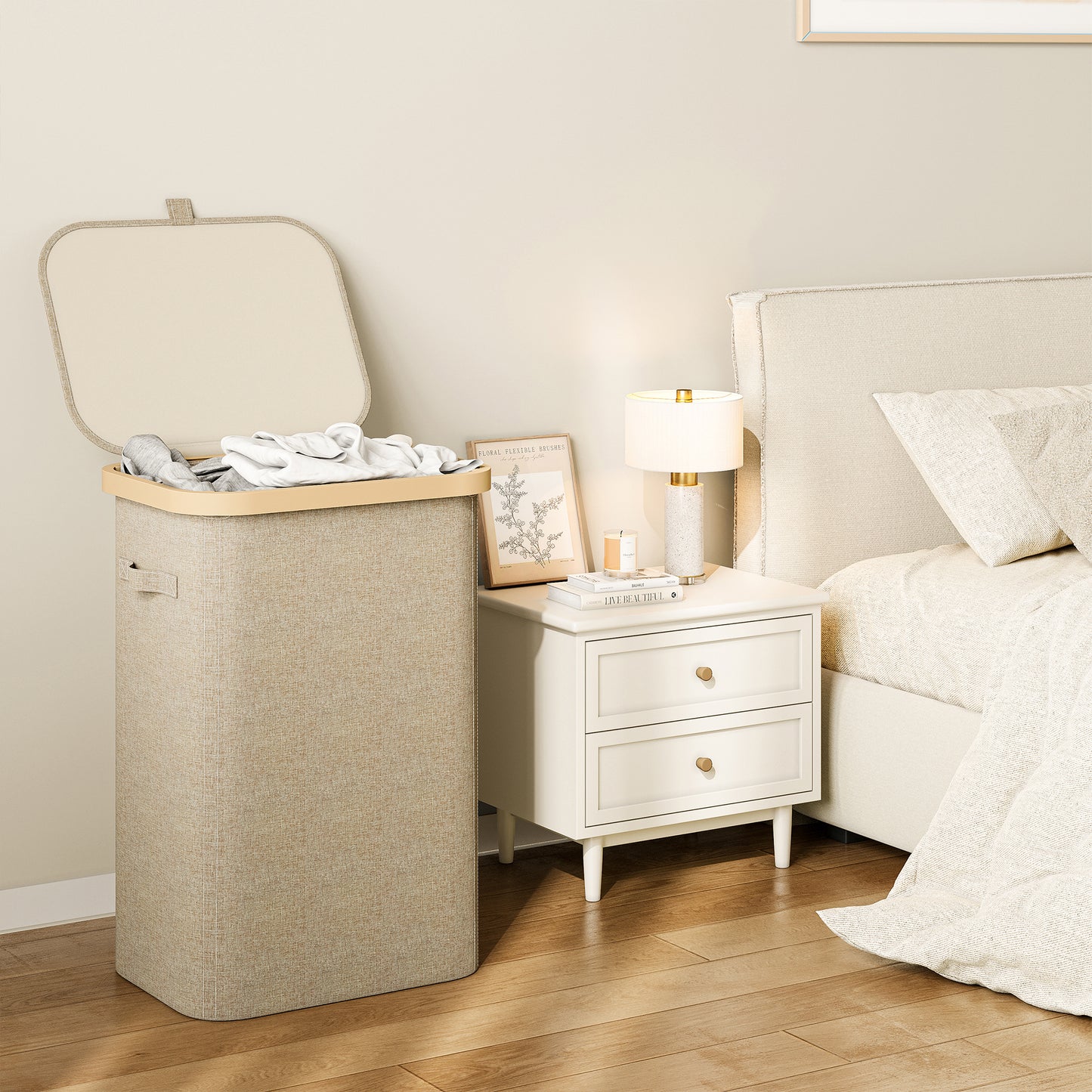 BGTREND Slim Laundry Hamper with Lid 85L Foldable Clothes Basket with Removable Mesh Bag & Plastic Handle for Closet Bathroom Bedroom (Beige)