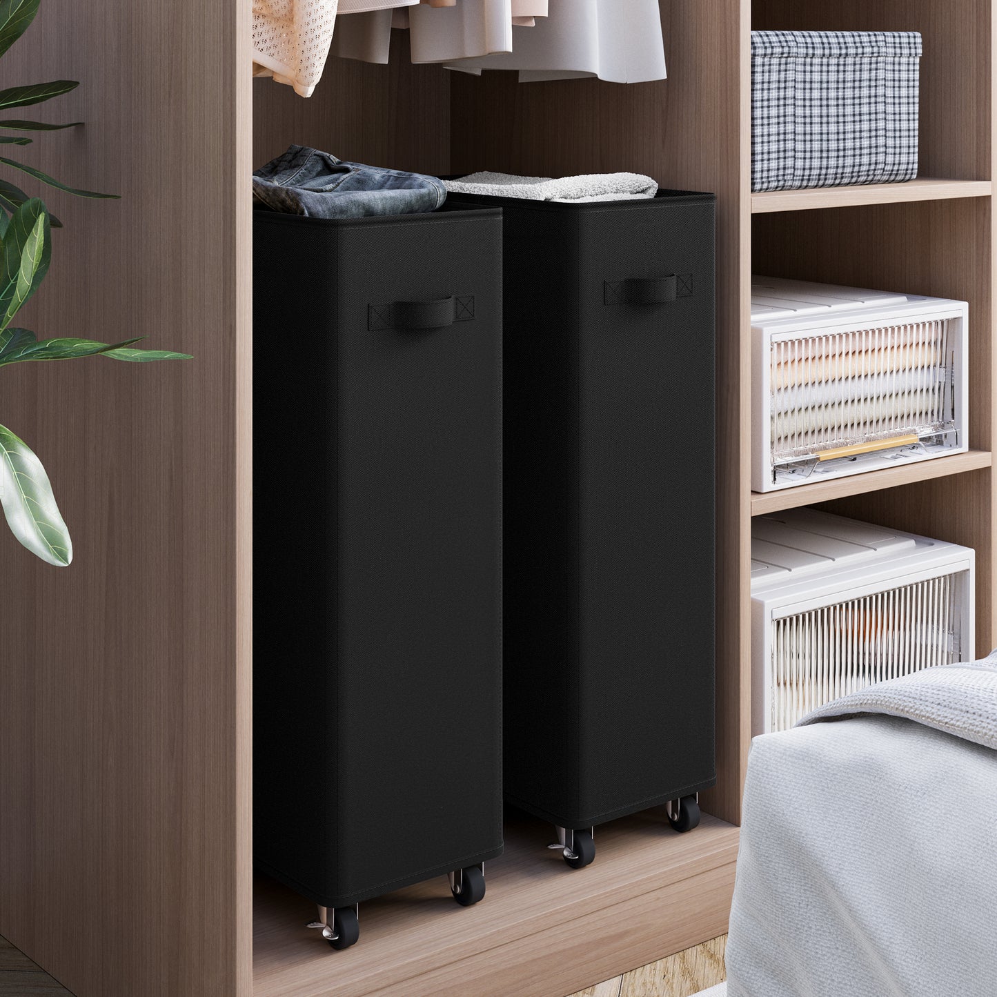 BGTREND 2pcs 27.6'' Tall & Slim Laundry Hamper with Lid and Wheels Narrow Laundry Basket Collapsible Dirty Clothes Hamper Portable Laundry Storage Bin Oxford (65L, Black)