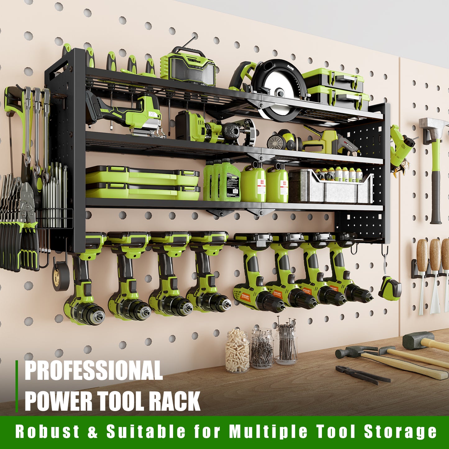 BGTREND Power Tool Organizer Wall Mount with 8 Cordless Drill Holders, 4 Layers Heavy Duty Tool Storage Shelf Organizer (Black)