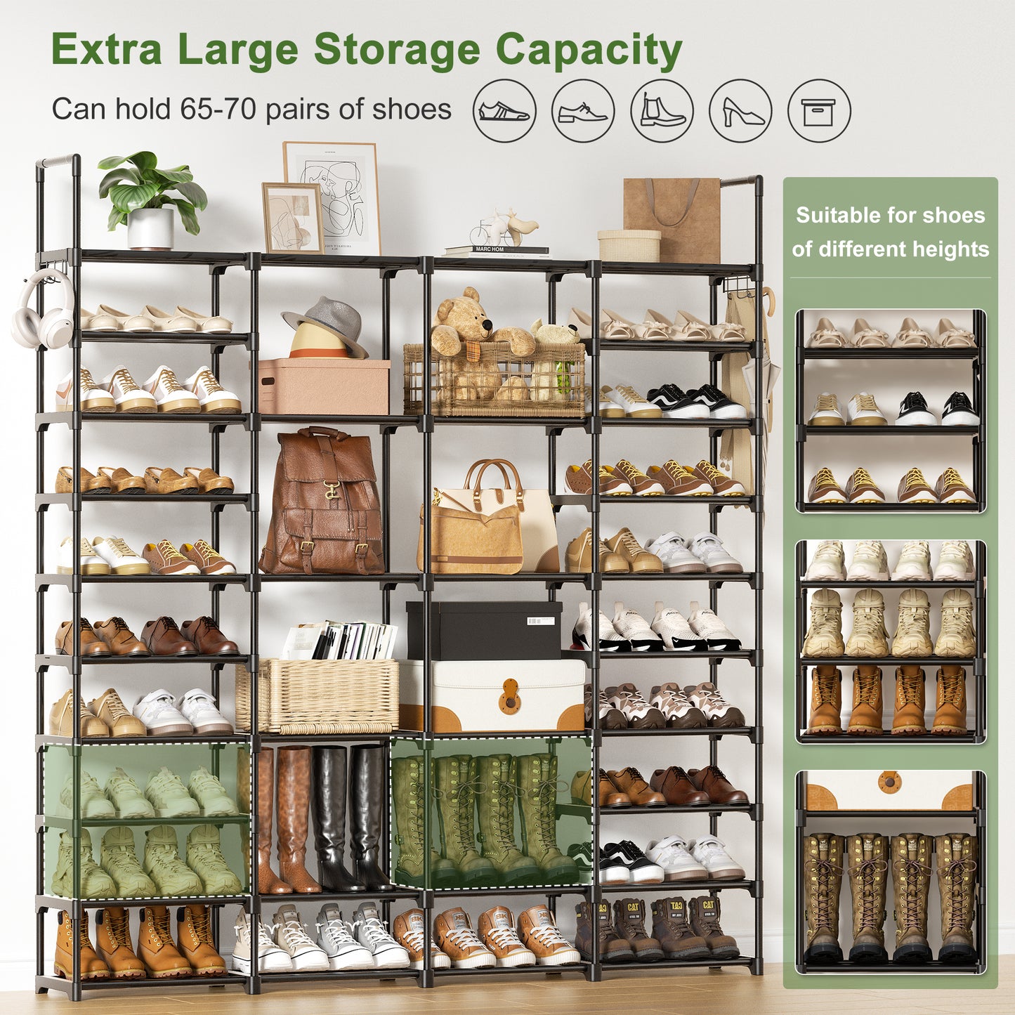 BGTREND 10-Tier Shoe Rack 4-Row Large Metal Shoe Storage Organizer 65-70 Pairs for Garage Entryway Closet (68 inches, Black)