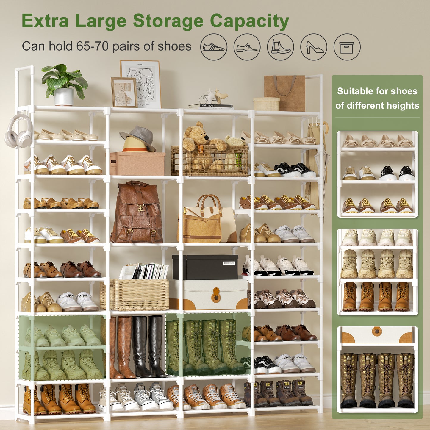 BGTREND 10-Tier Shoe Rack 4-Row Large Metal Shoe Storage Organizer 65-70 Pairs for Garage Entryway Closet (68 inches, White)