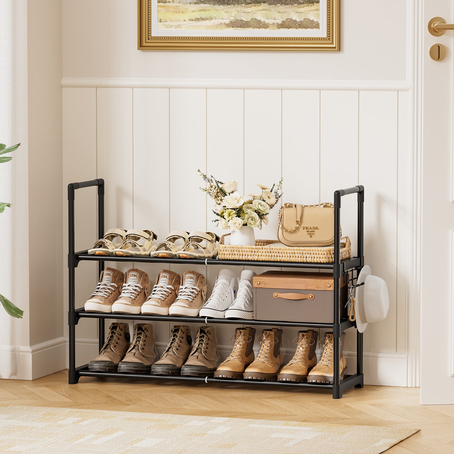 BGTREND 3-Tier Expandable Shoe Rack, Adjustable Metal Shoe Organizer Shelf for Closet Hallway Entryway, Black
