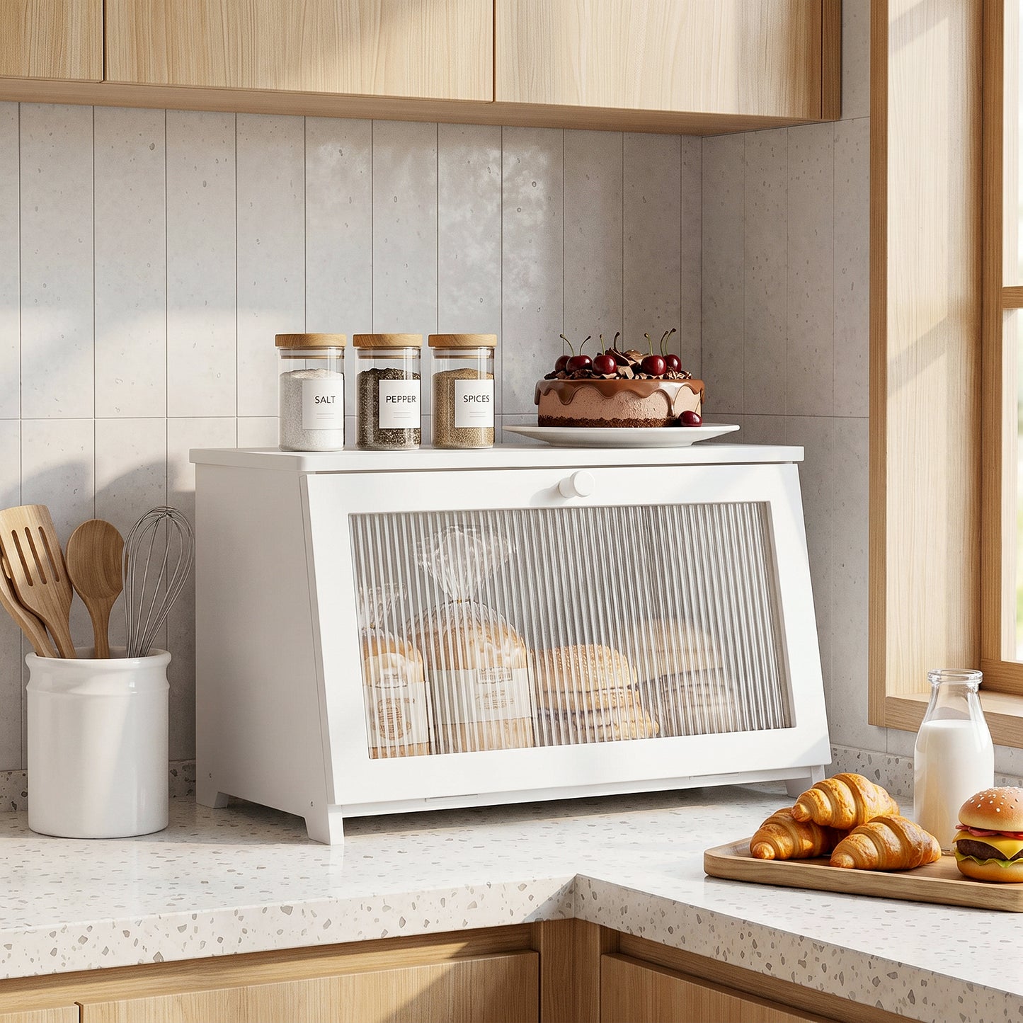 BGTREND Bread Box With Trapezoidal Bamboo for Kitchen Countertop, Spacious Wooden Corner Bread Storage Container, Under Cabinet Organizer(White,Monolayer)