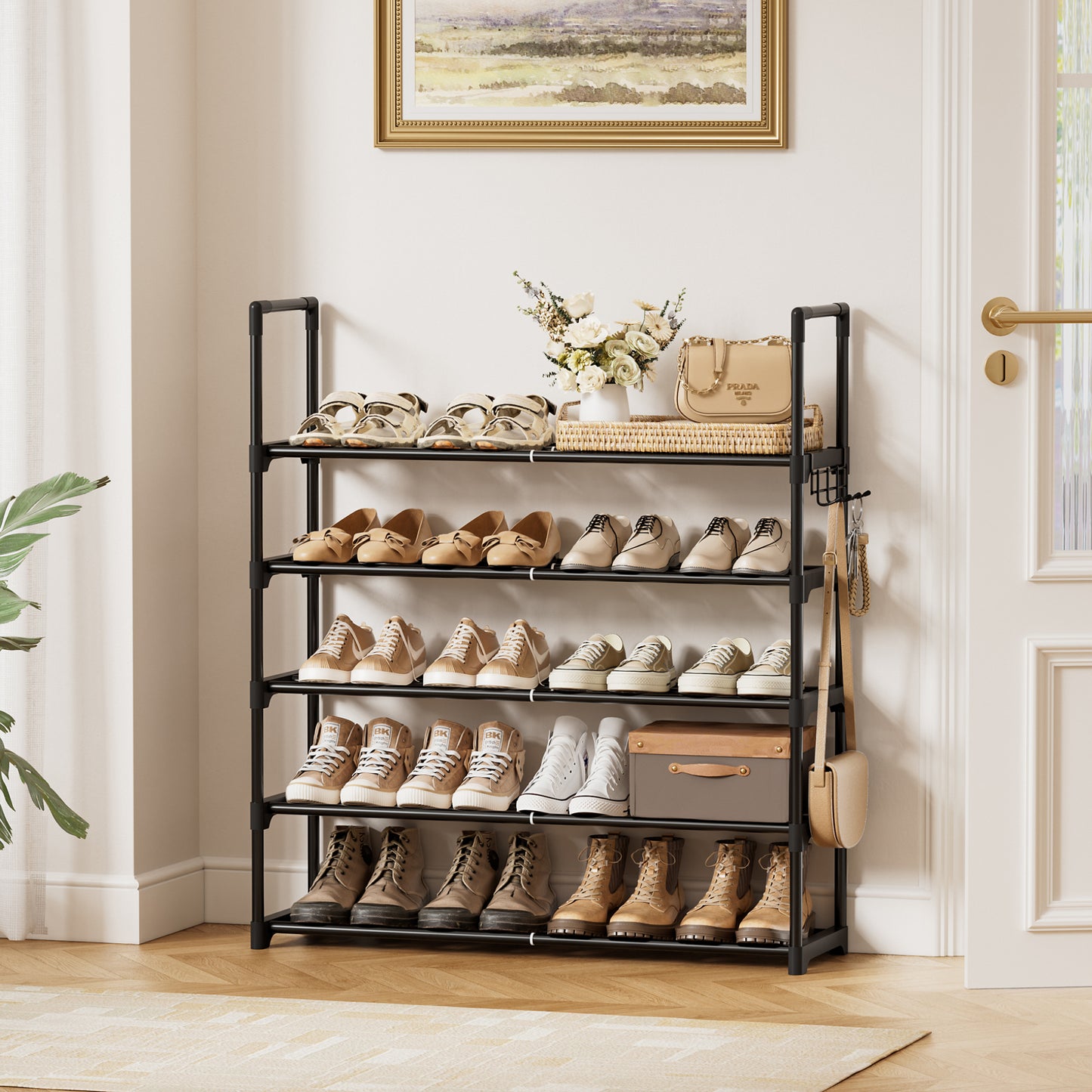 BGTREND 5-Tier Expandable Shoe Rack, Adjustable Metal Shoe Organizer Shelf for Closet Hallway Entryway, Black