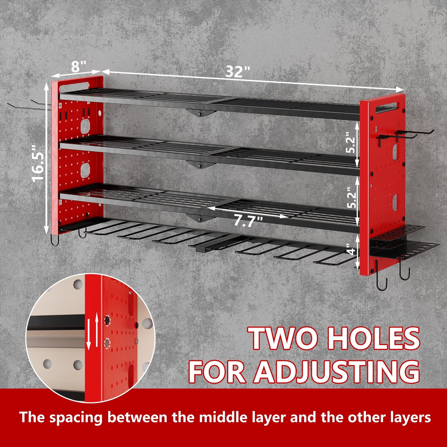 BGTREND Power Tool Organizer Wall Mount with 8 Cordless Drill Holders, 4 Layers Heavy Duty Tool Storage Shelf Organizer (Red)