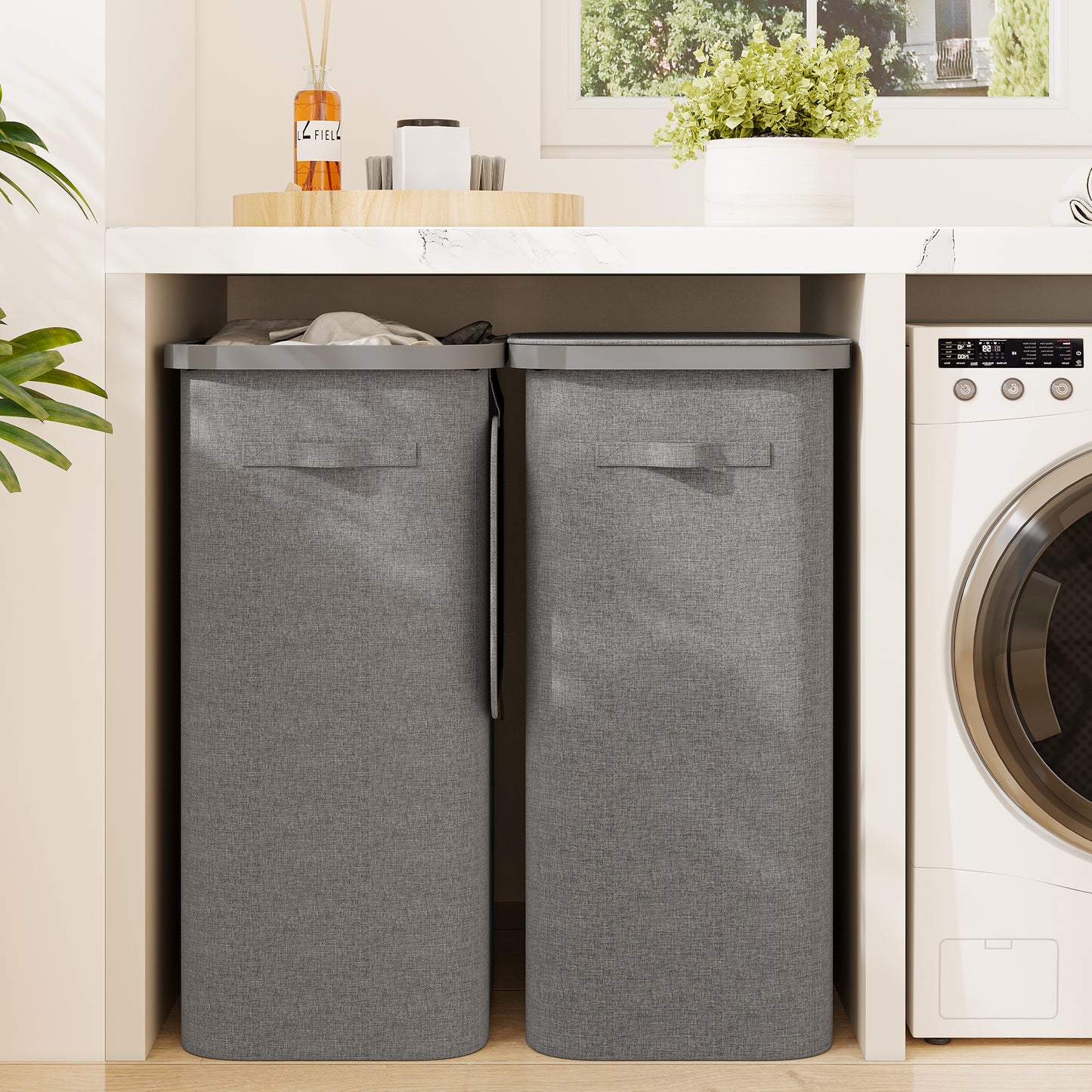 BGTREND 2PCS Slim Laundry Hamper with Lid 110L Foldable Clothes Basket with Removable Mesh Bag & Handle for Closet Bathroom Bedroom (Gray)