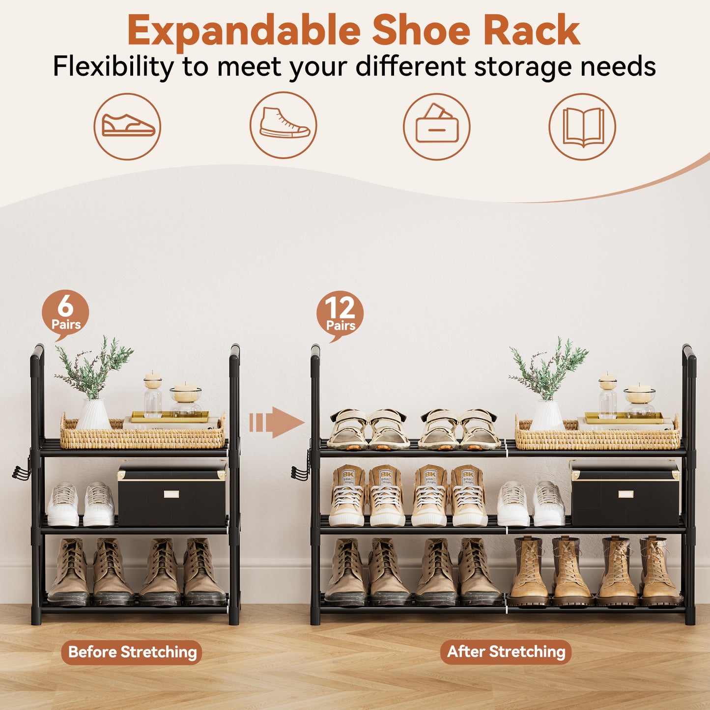 BGTREND 3-Tier Expandable Shoe Rack, Adjustable Metal Shoe Organizer Shelf for Closet Hallway Entryway, Black