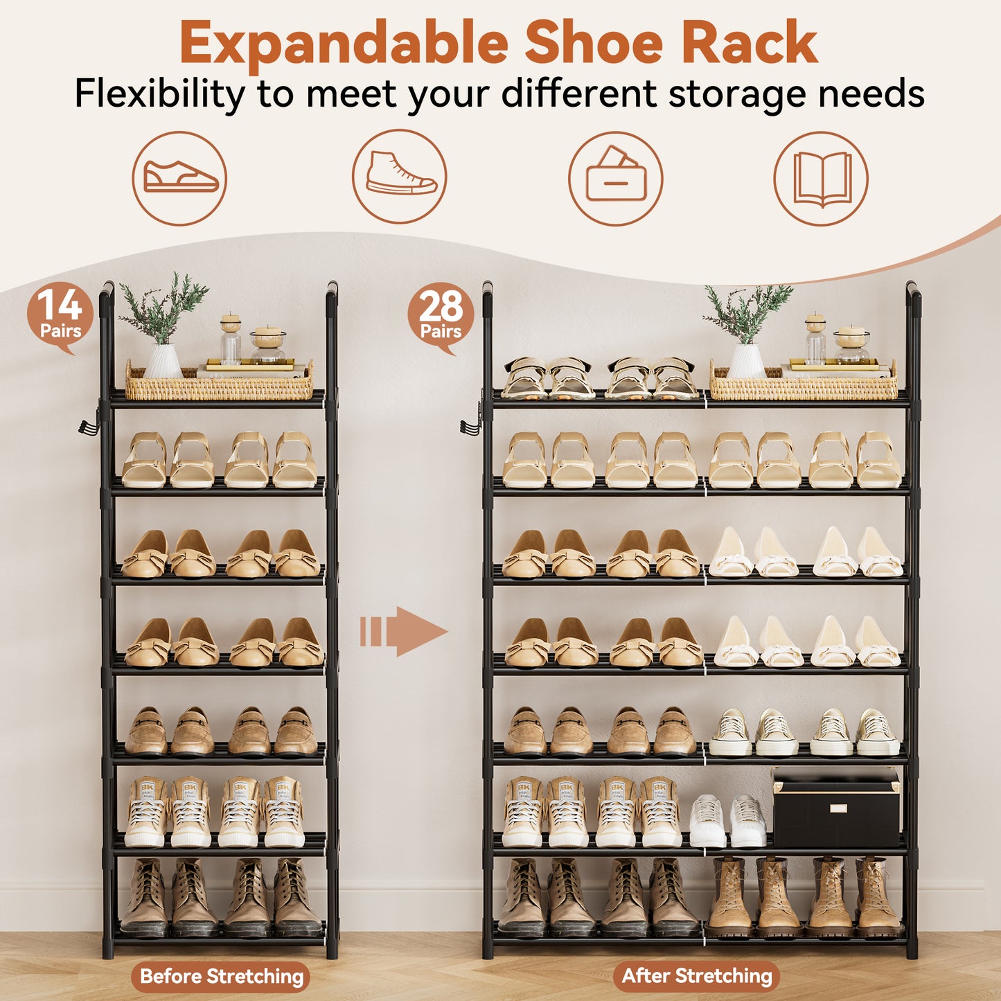 BGTREND 7-Tier Expandable Shoe Rack, Adjustable Metal Shoe Organizer Shelf for Closet Hallway Entryway, Black