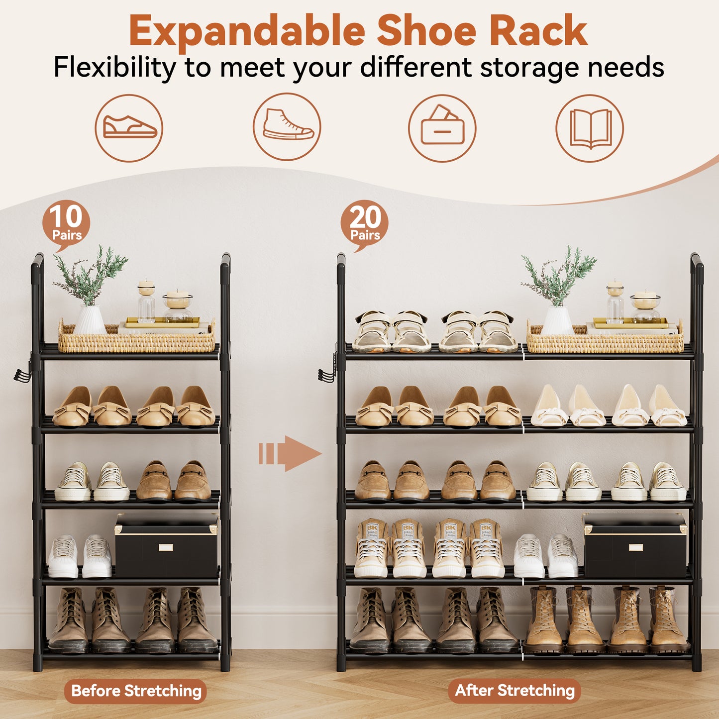 BGTREND 5-Tier Expandable Shoe Rack, Adjustable Metal Shoe Organizer Shelf for Closet Hallway Entryway, Black