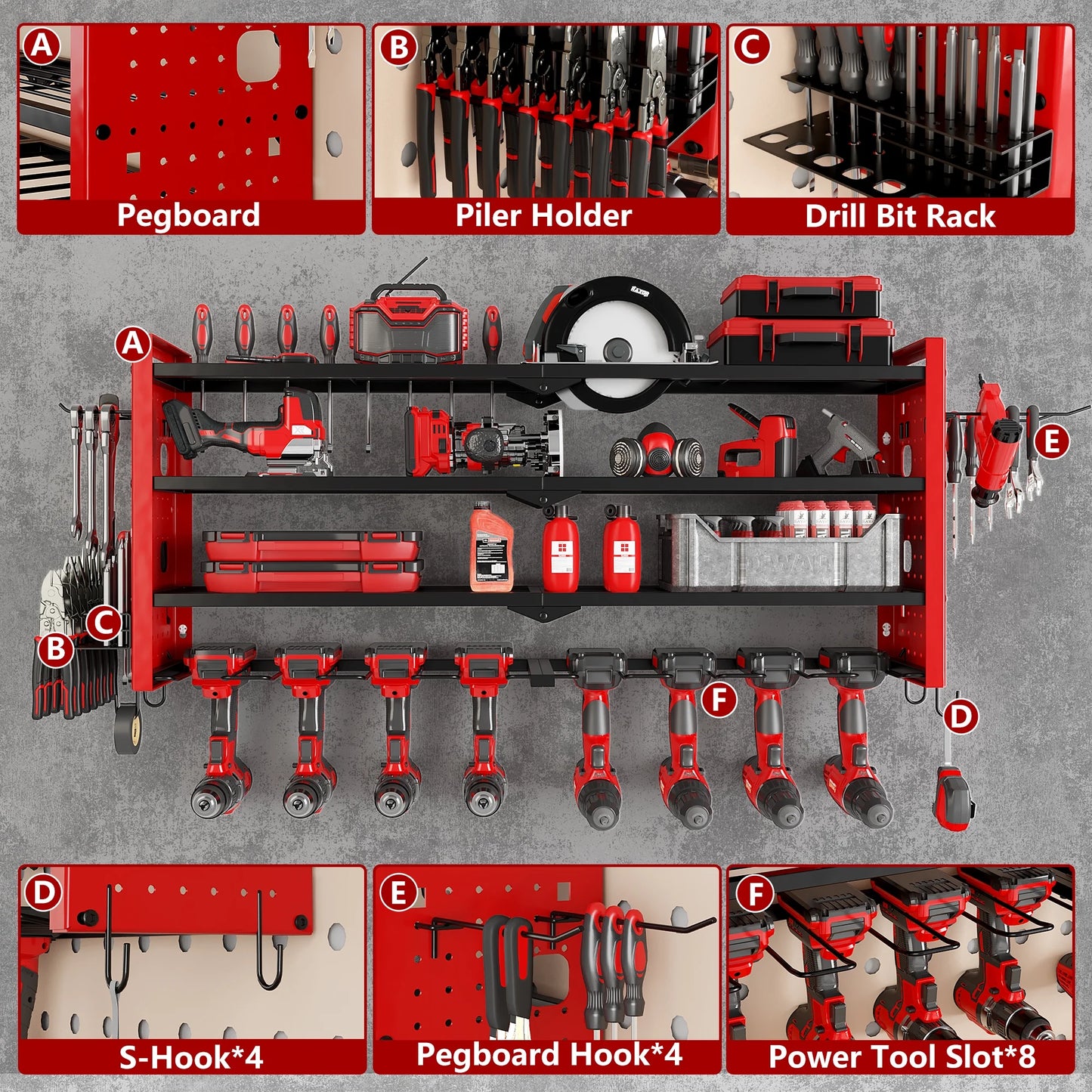 BGTREND Power Tool Organizer Wall Mount with 8 Cordless Drill Holders, 4 Layers Heavy Duty Tool Storage Shelf Organizer (Red)