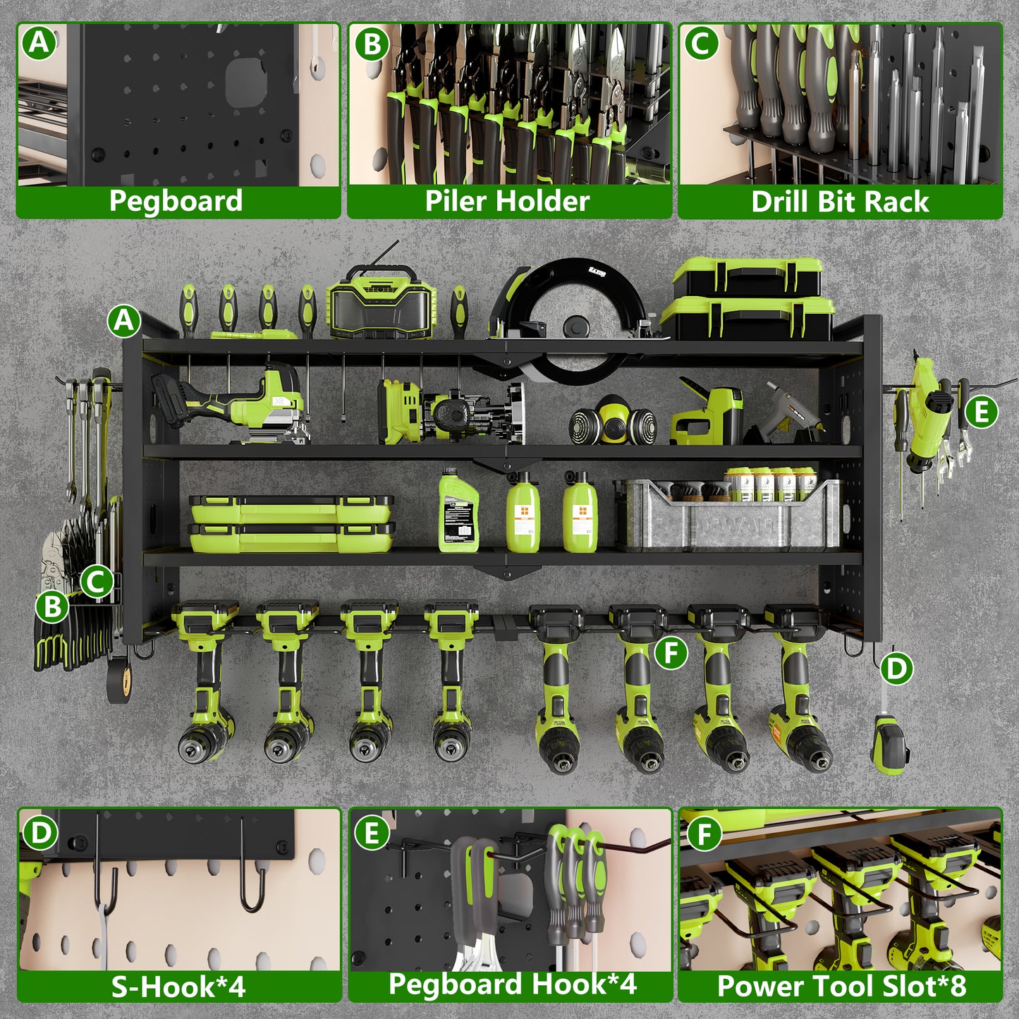 BGTREND Power Tool Organizer Wall Mount with 8 Cordless Drill Holders, 4 Layers Heavy Duty Tool Storage Shelf Organizer (Black)