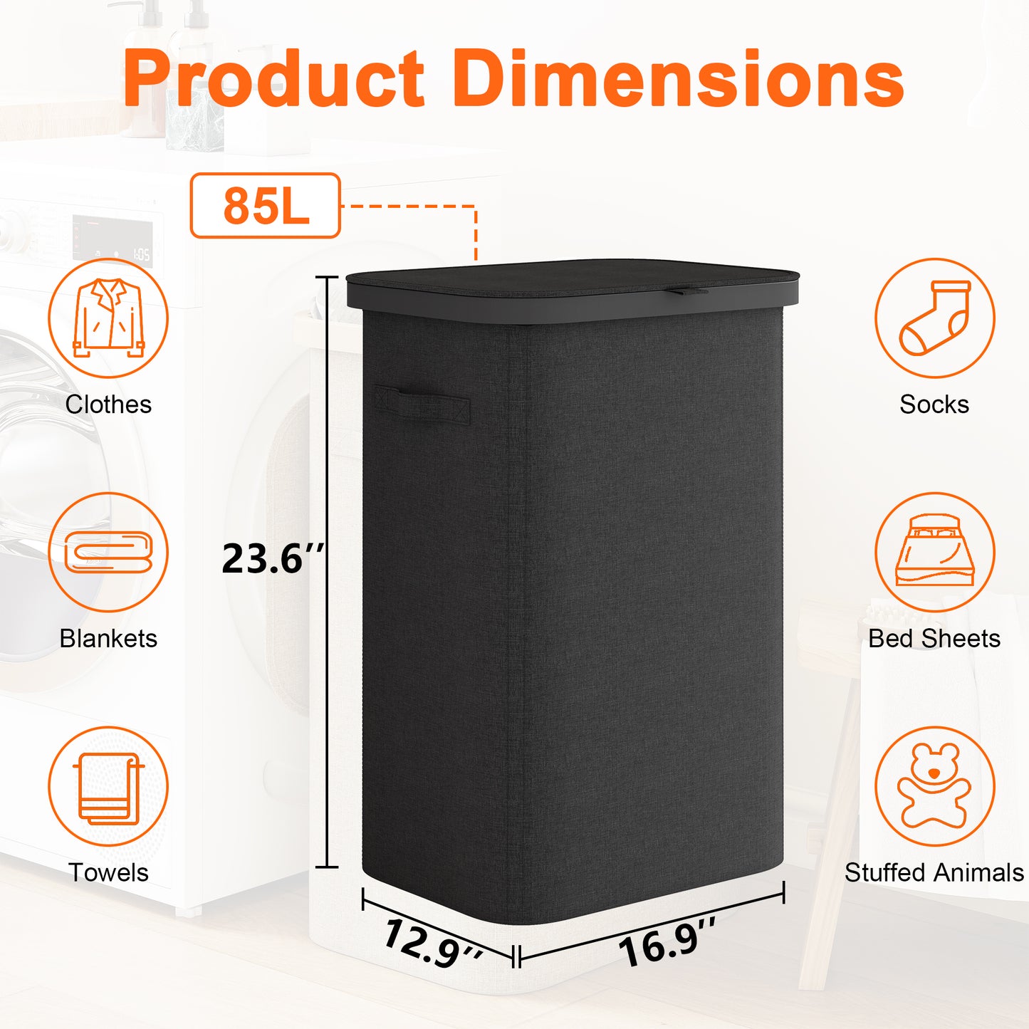 BGTREND Slim Laundry Hamper with Lid 85L Foldable Clothes Basket with Removable Mesh Bag & Plastic Handle for Closet Bathroom Bedroom (Black)
