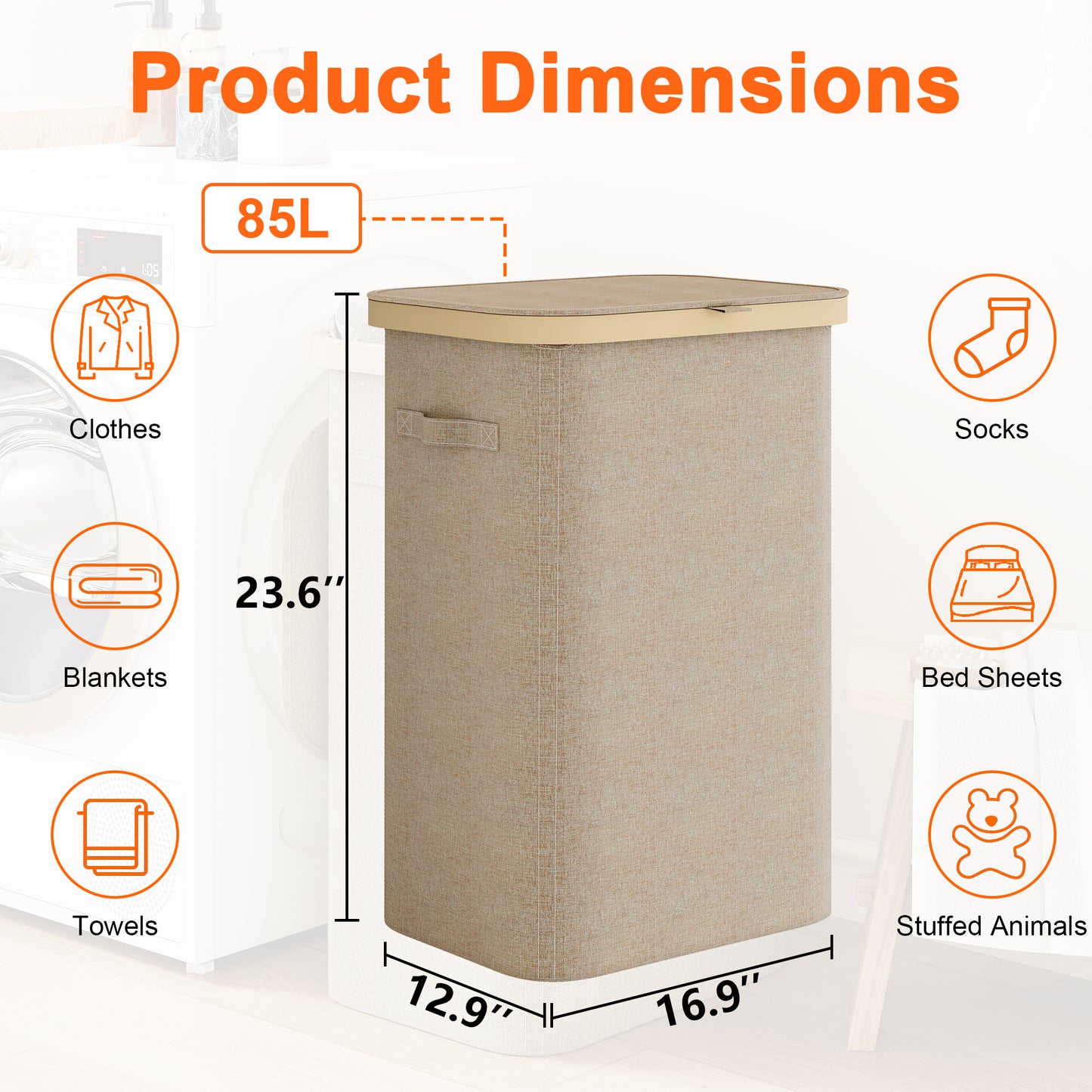 BGTREND Slim Laundry Hamper with Lid 85L Foldable Clothes Basket with Removable Mesh Bag & Plastic Handle for Closet Bathroom Bedroom (Beige)