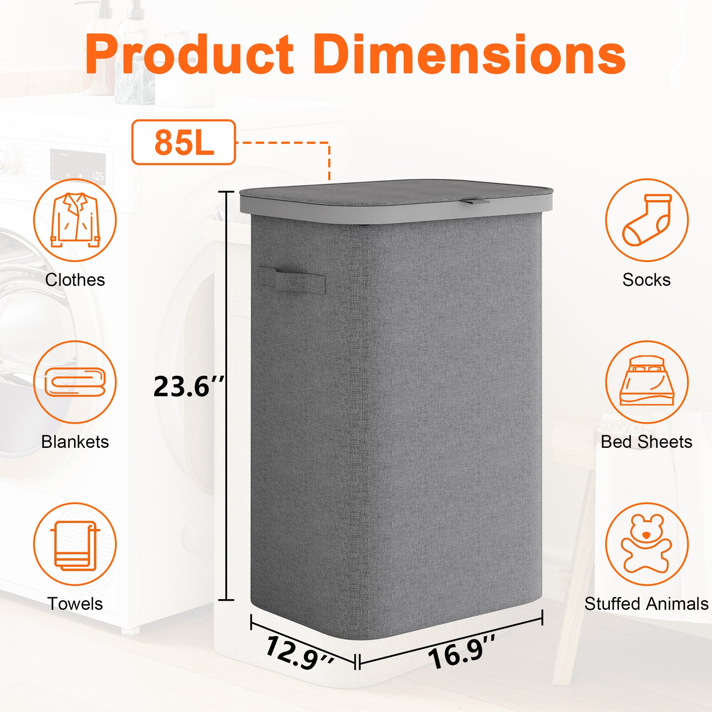 BGTREND Slim Laundry Hamper with Lid 85L Foldable Clothes Basket with Removable Mesh Bag & Plastic Handle for Closet Bathroom Bedroom (Gray)