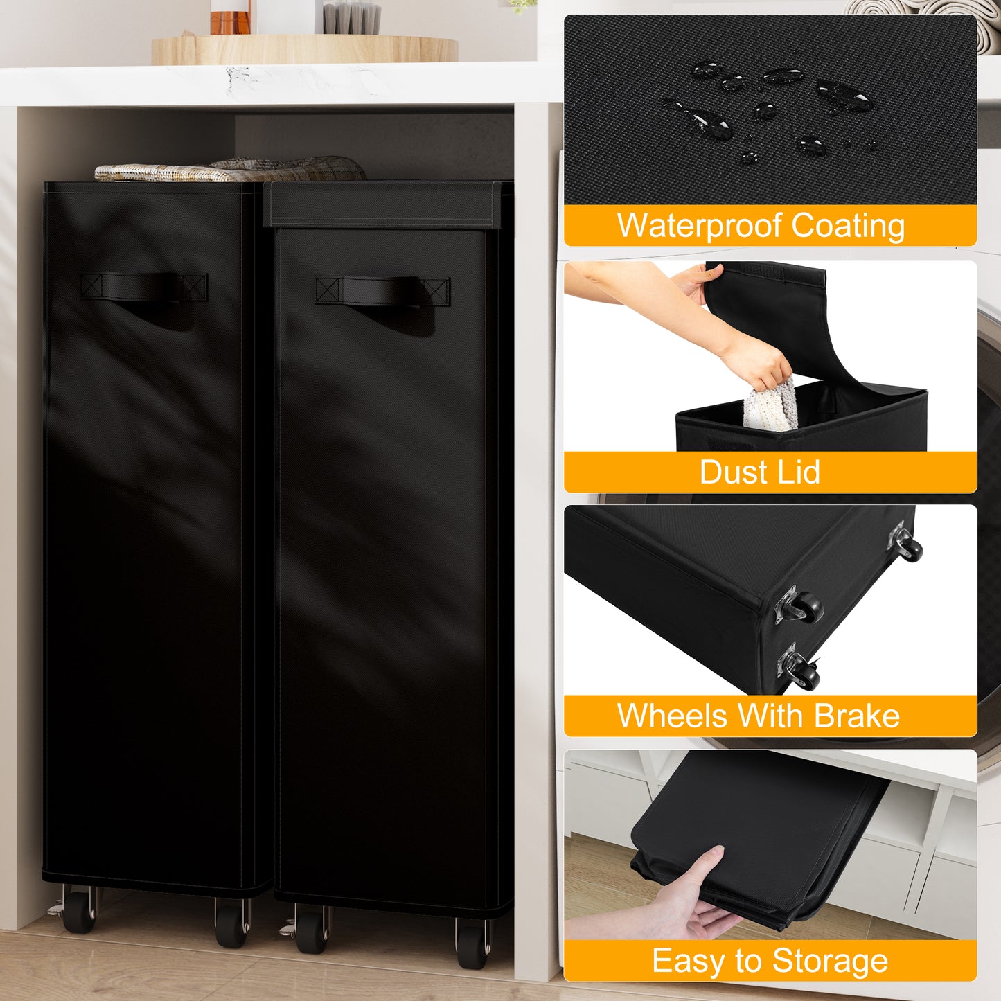 BGTREND 2pcs 27.6'' Tall & Slim Laundry Hamper with Lid and Wheels Narrow Laundry Basket Collapsible Dirty Clothes Hamper Portable Laundry Storage Bin Oxford (65L, Black)