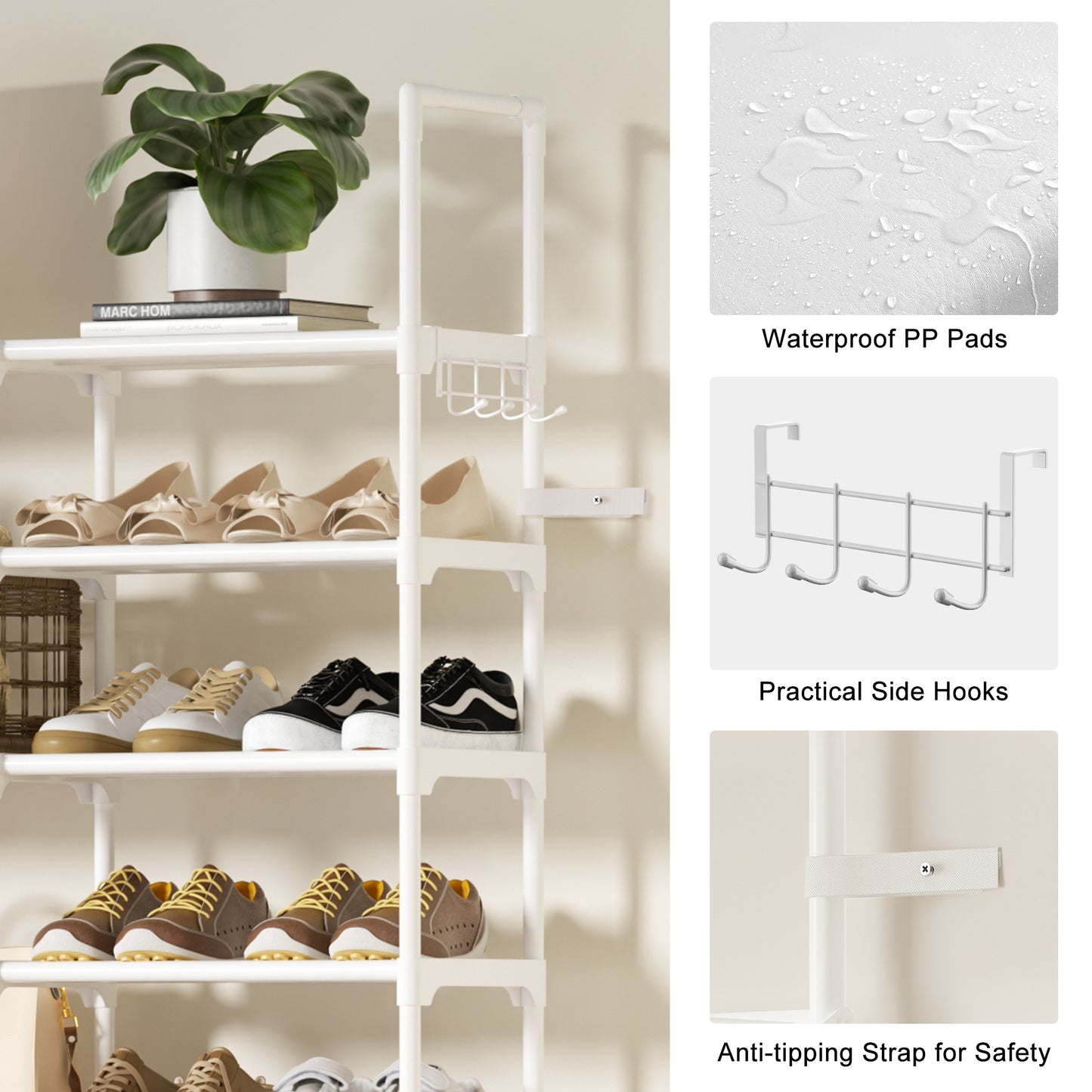 BGTREND 10-Tier Shoe Rack 4-Row Large Metal Shoe Storage Organizer 65-70 Pairs for Garage Entryway Closet (68 inches, White)