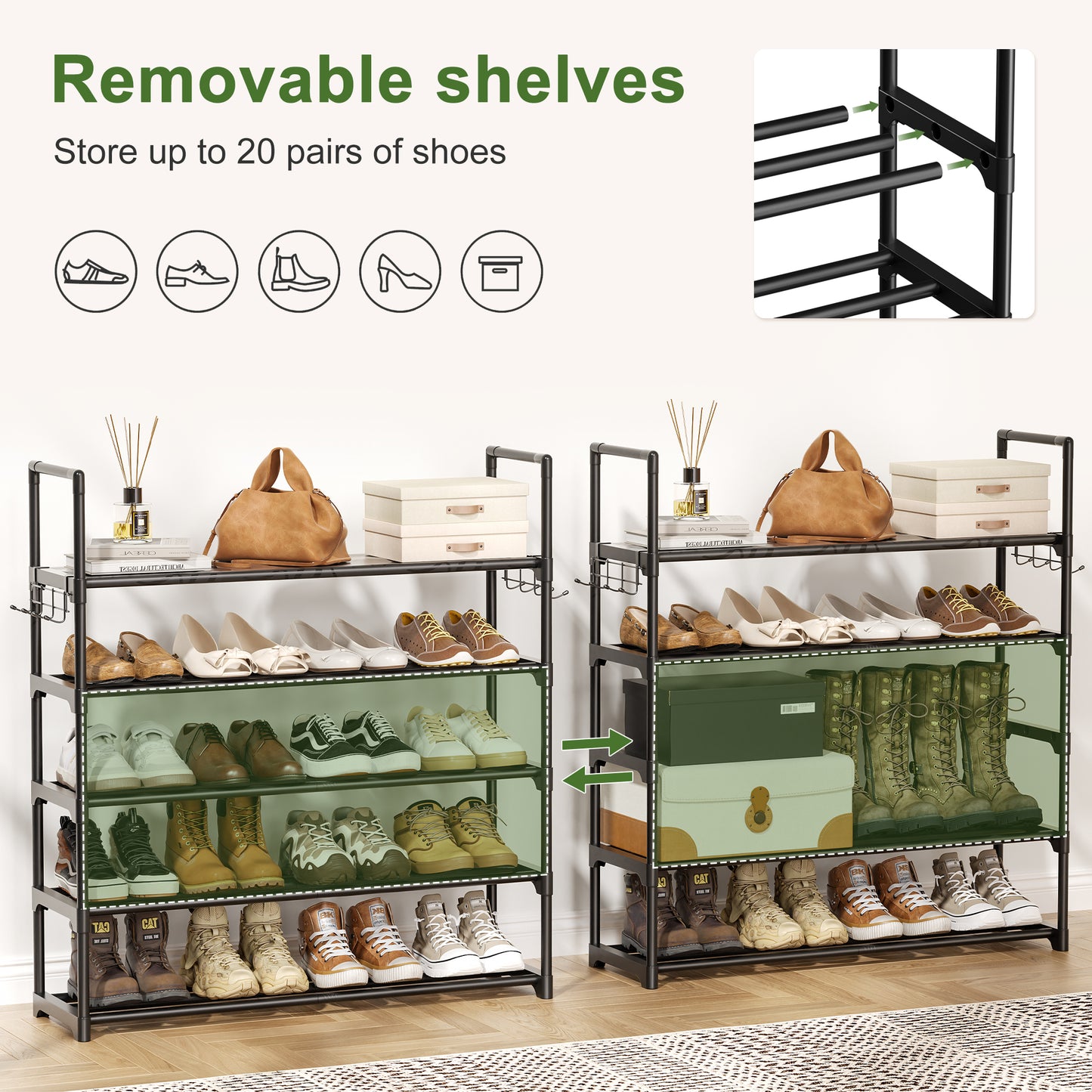 BGTREND 5 Tiers Shoe Rack Shoe Storage Organizer 15-20 Pairs Stackable Metal Shoe Shelf for Entryway Hallway Closet (33.5 inches, Black)