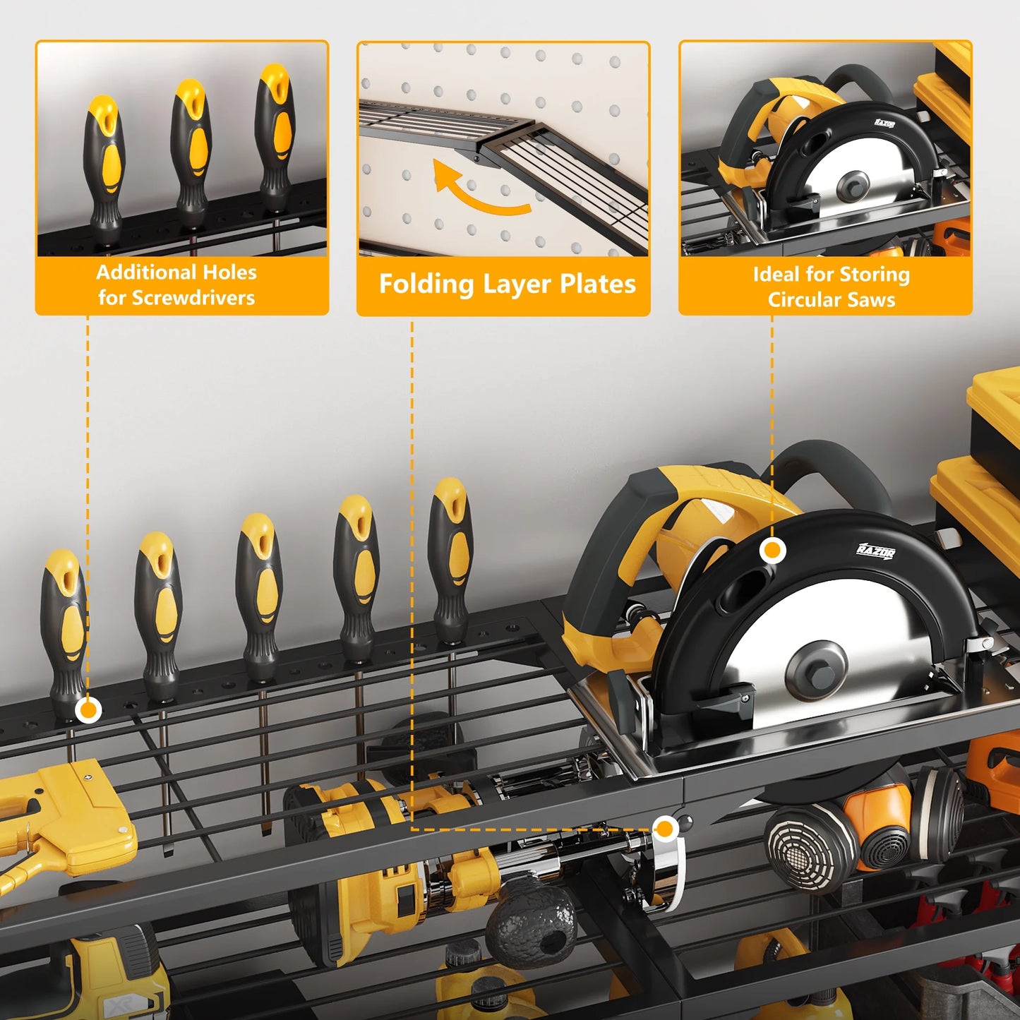BGTREND Power Tool Organizer Wall Mount with 8 Cordless Drill Holders, 4 Layers Heavy Duty Tool Storage Shelf Organizer (Yellow)