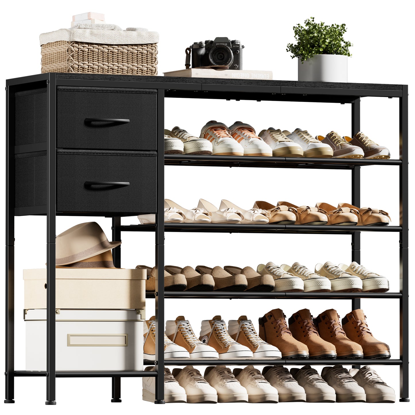 BGTREND 5-Tier Shoe Rack with Wooden Top and 2 Drawers, 16-21Pairs Shoe Storage Organizer with Boots Storage for Entryway Hallway Closet (Black)