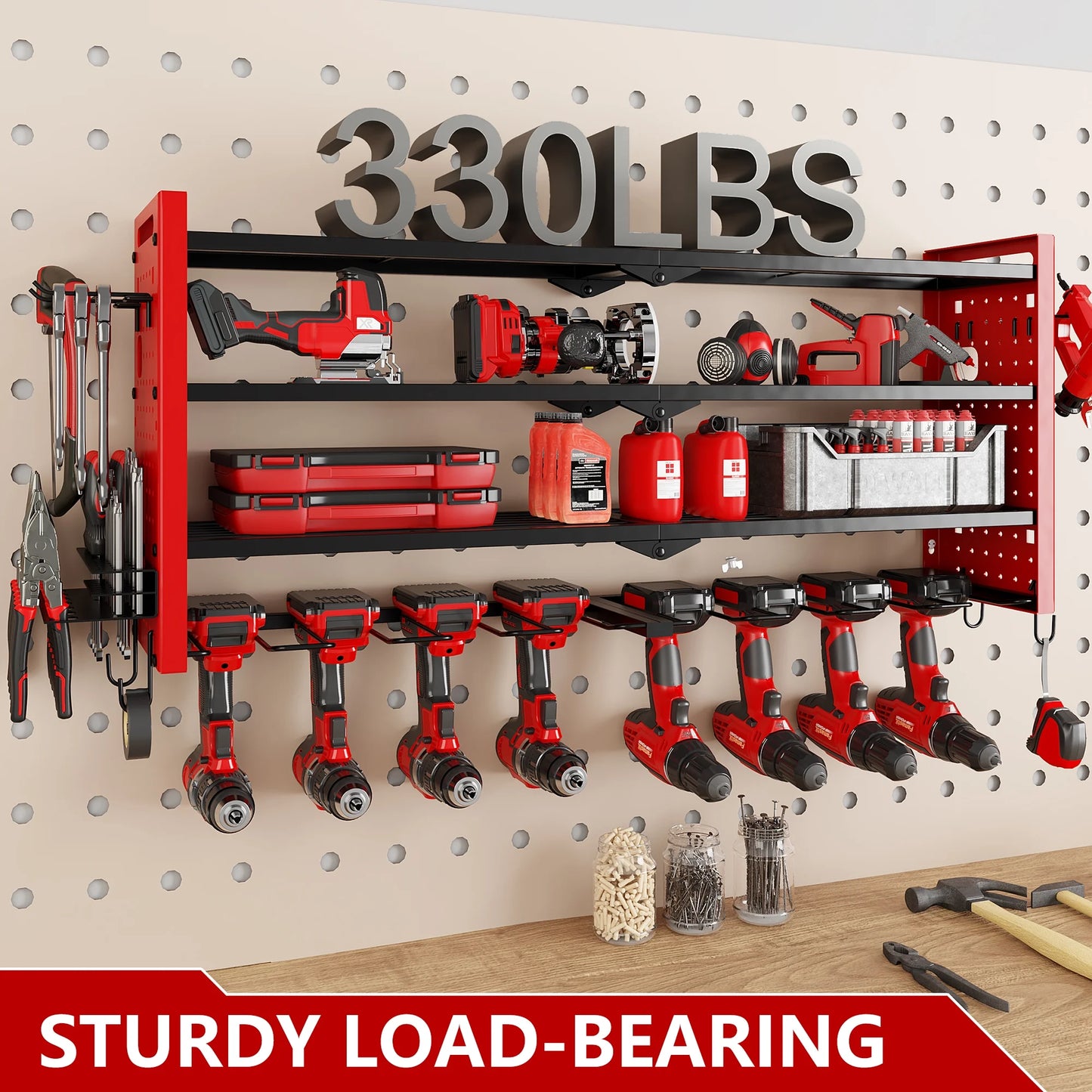 BGTREND Power Tool Organizer Wall Mount with 8 Cordless Drill Holders, 4 Layers Heavy Duty Tool Storage Shelf Organizer (Red)