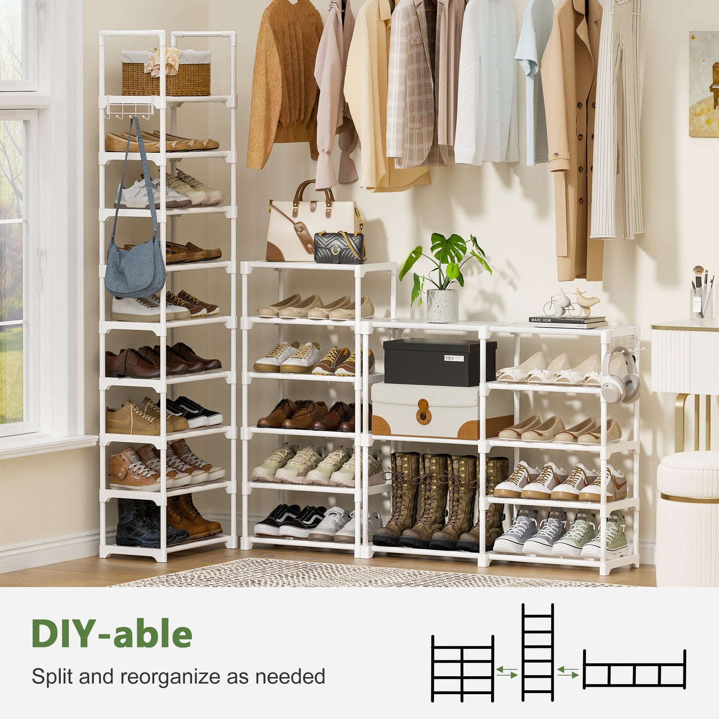 BGTREND 10-Tier Shoe Rack 4-Row Large Metal Shoe Storage Organizer 65-70 Pairs for Garage Entryway Closet (68 inches, White)