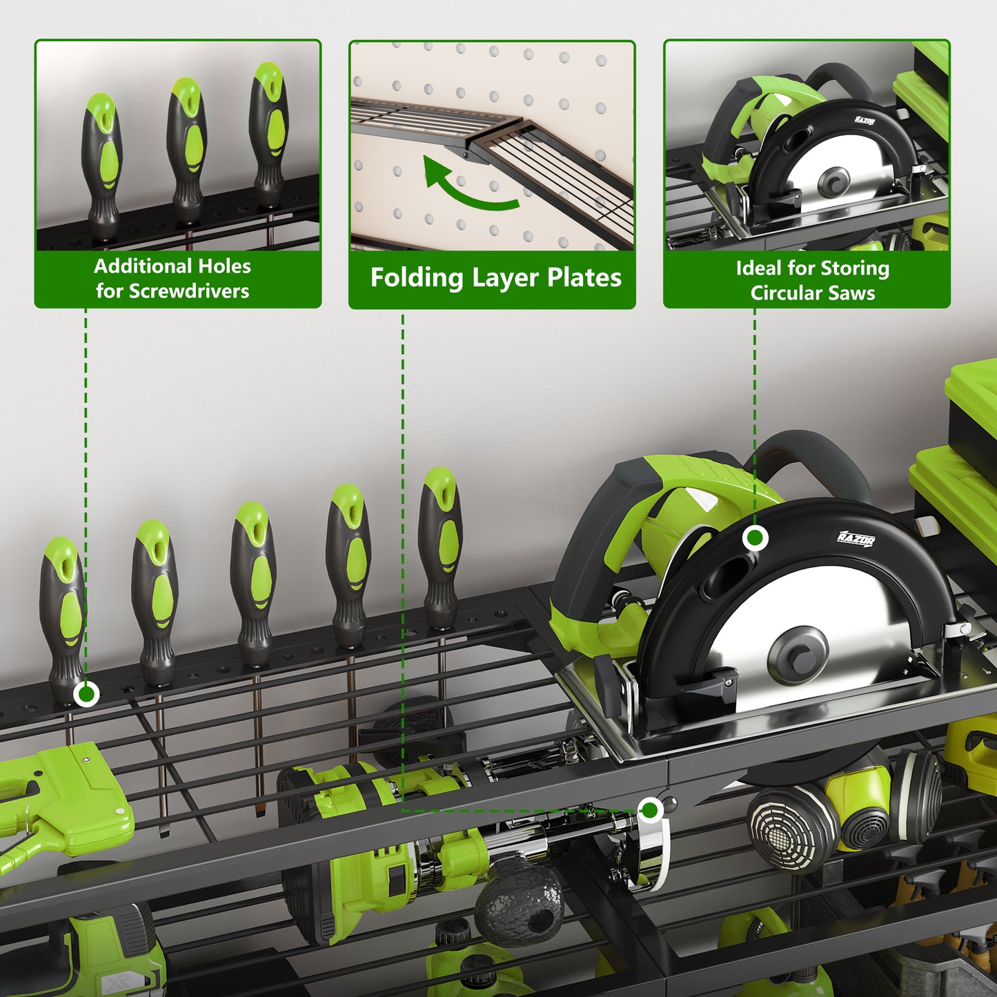 BGTREND Power Tool Organizer Wall Mount with 8 Cordless Drill Holders, 4 Layers Heavy Duty Tool Storage Shelf Organizer (Black)