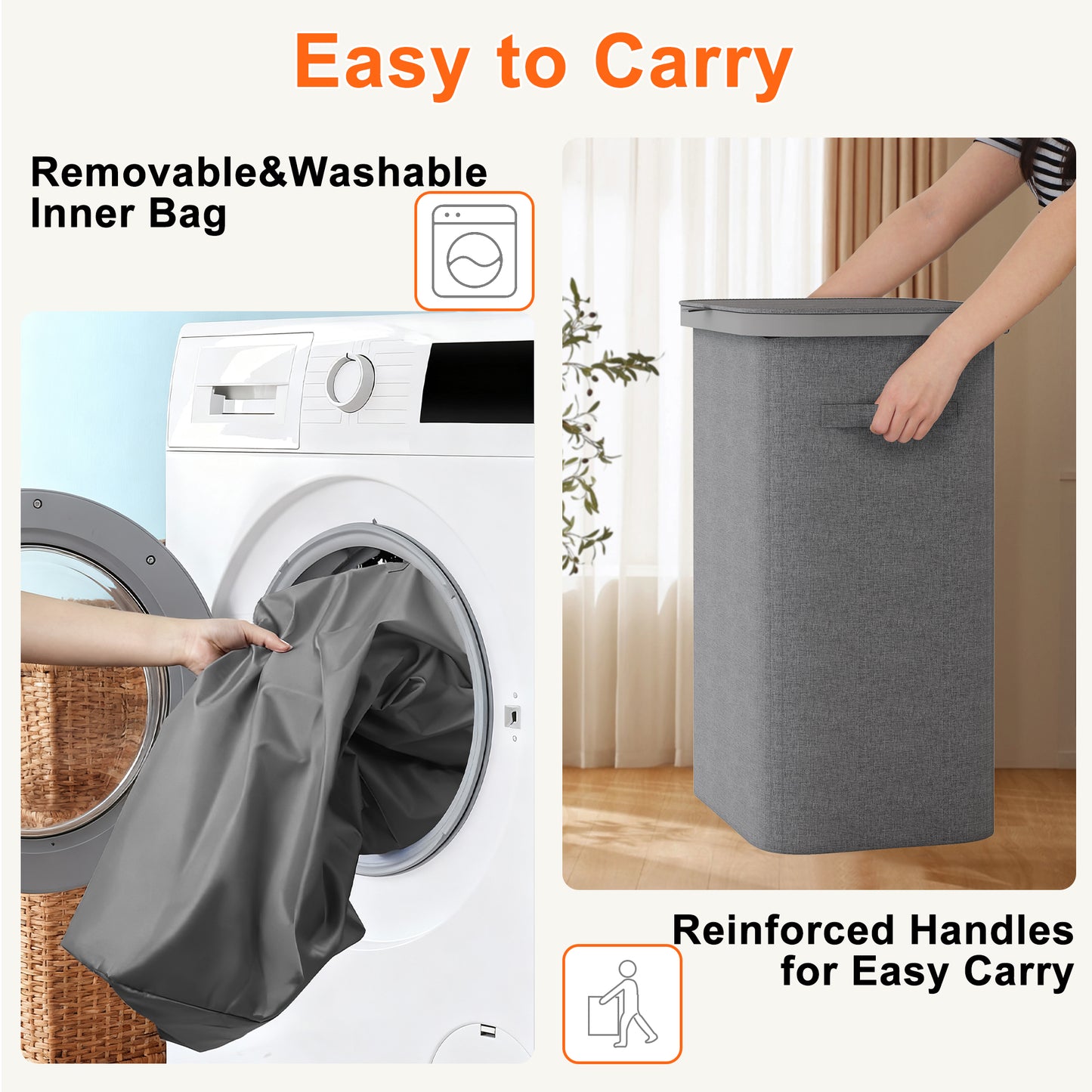 BGTREND Slim Laundry Hamper with Lid 85L Foldable Clothes Basket with Removable Mesh Bag & Plastic Handle for Closet Bathroom Bedroom (Gray)