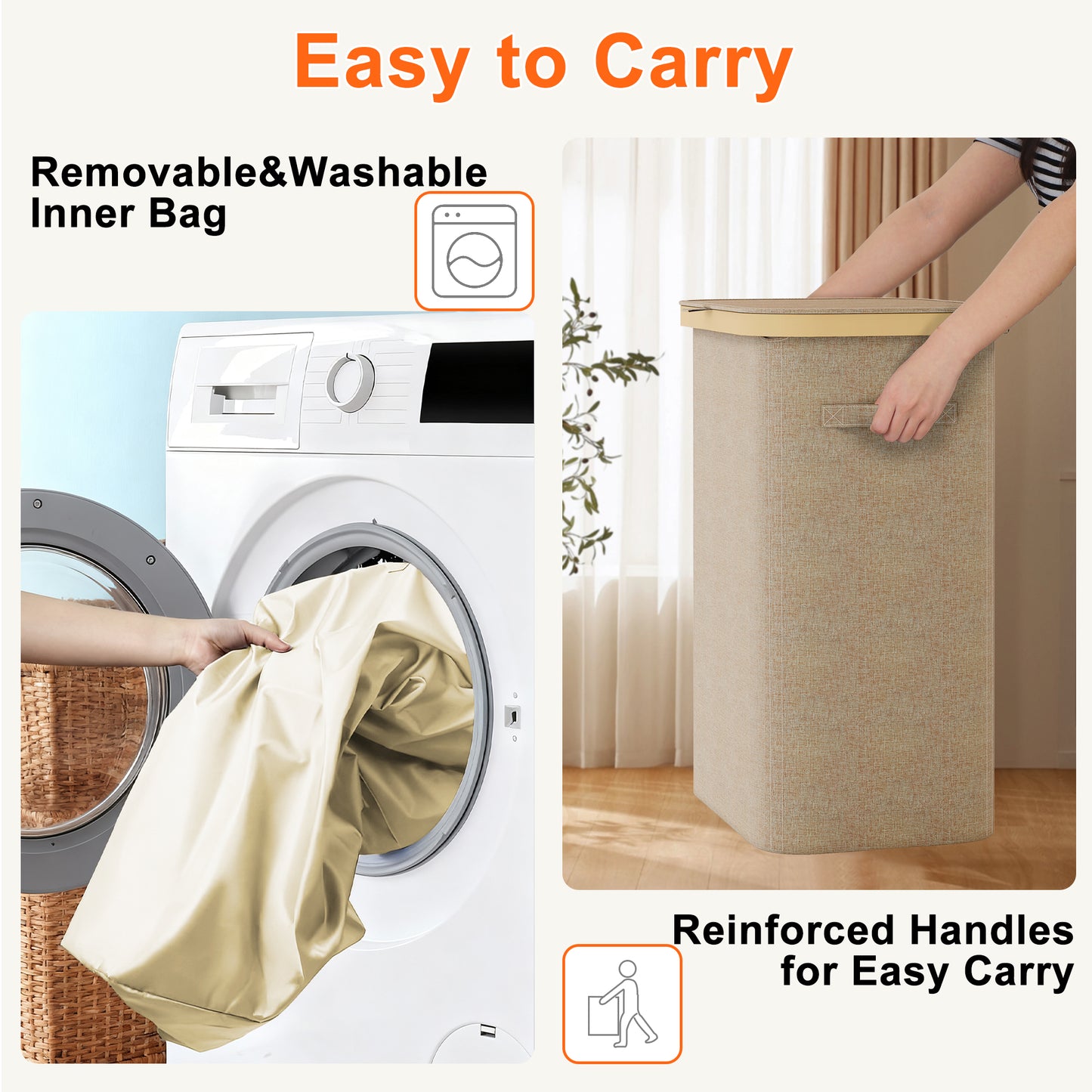 BGTREND Slim Laundry Hamper with Lid 85L Foldable Clothes Basket with Removable Mesh Bag & Plastic Handle for Closet Bathroom Bedroom (Beige)