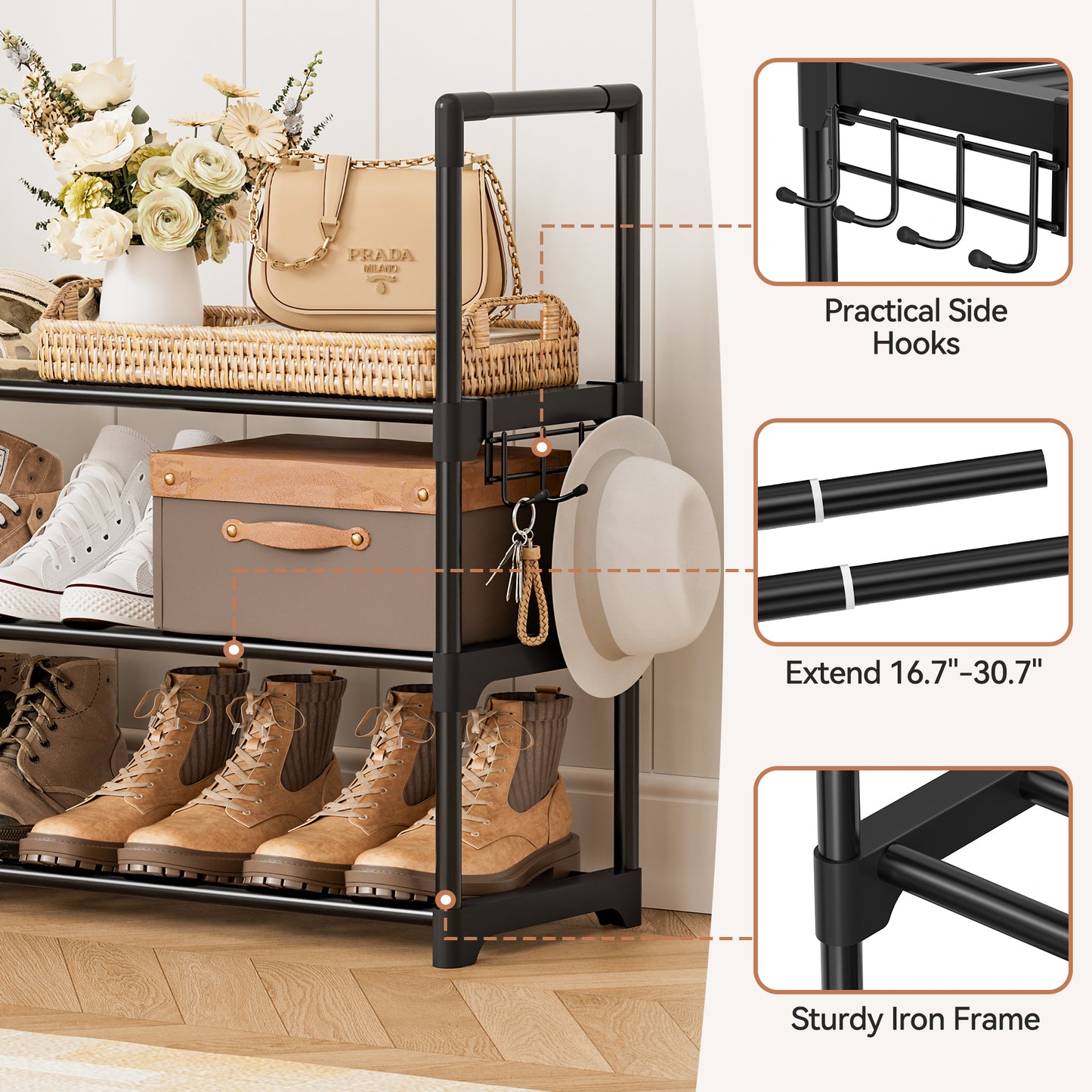 BGTREND 3-Tier Expandable Shoe Rack, Adjustable Metal Shoe Organizer Shelf for Closet Hallway Entryway, Black