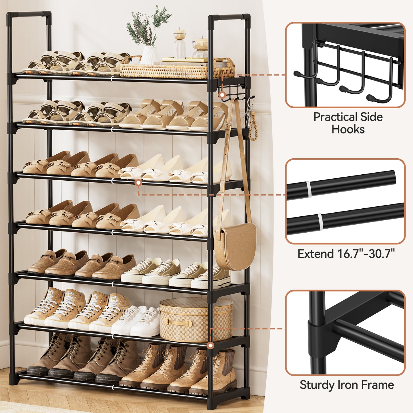 BGTREND 7-Tier Expandable Shoe Rack, Adjustable Metal Shoe Organizer Shelf for Closet Hallway Entryway, Black