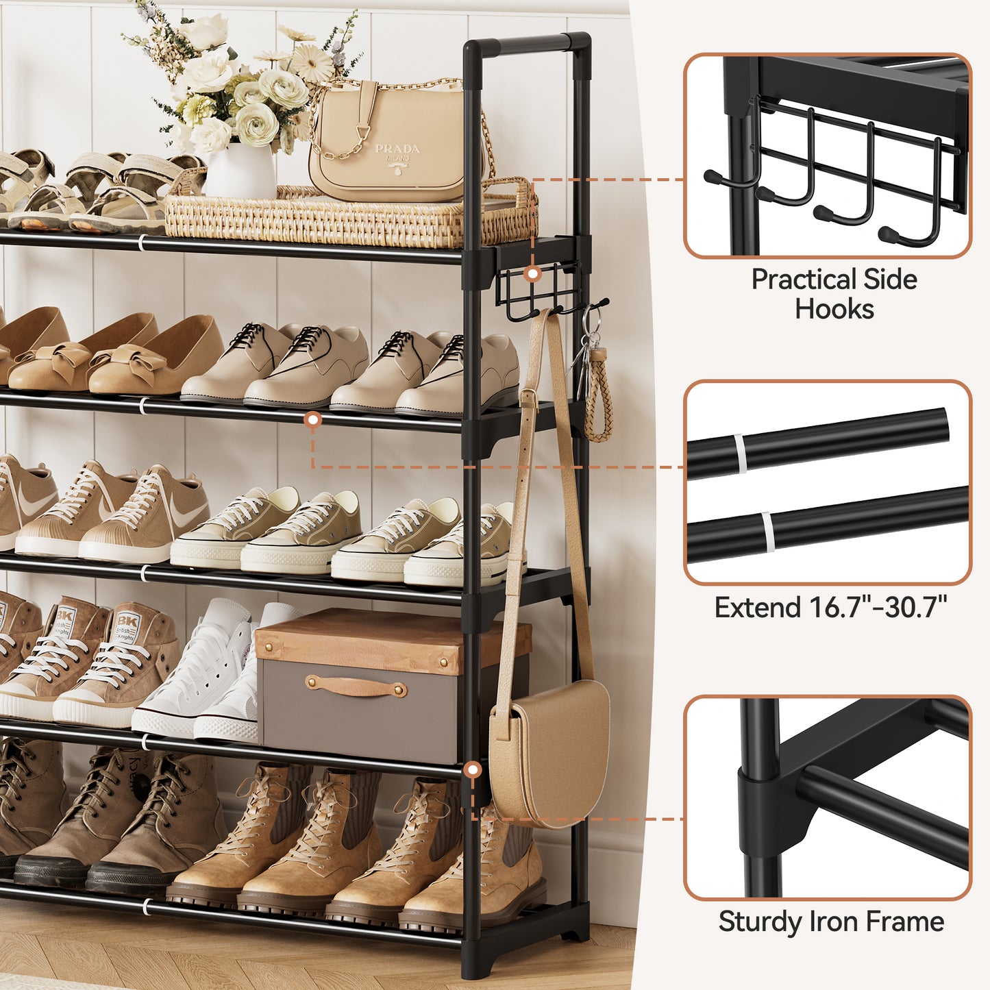 BGTREND 5-Tier Expandable Shoe Rack, Adjustable Metal Shoe Organizer Shelf for Closet Hallway Entryway, Black