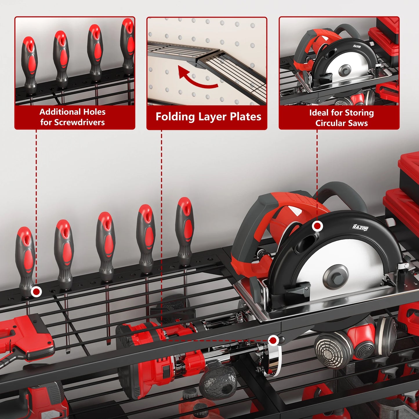 BGTREND Power Tool Organizer Wall Mount with 8 Cordless Drill Holders, 4 Layers Heavy Duty Tool Storage Shelf Organizer (Red)