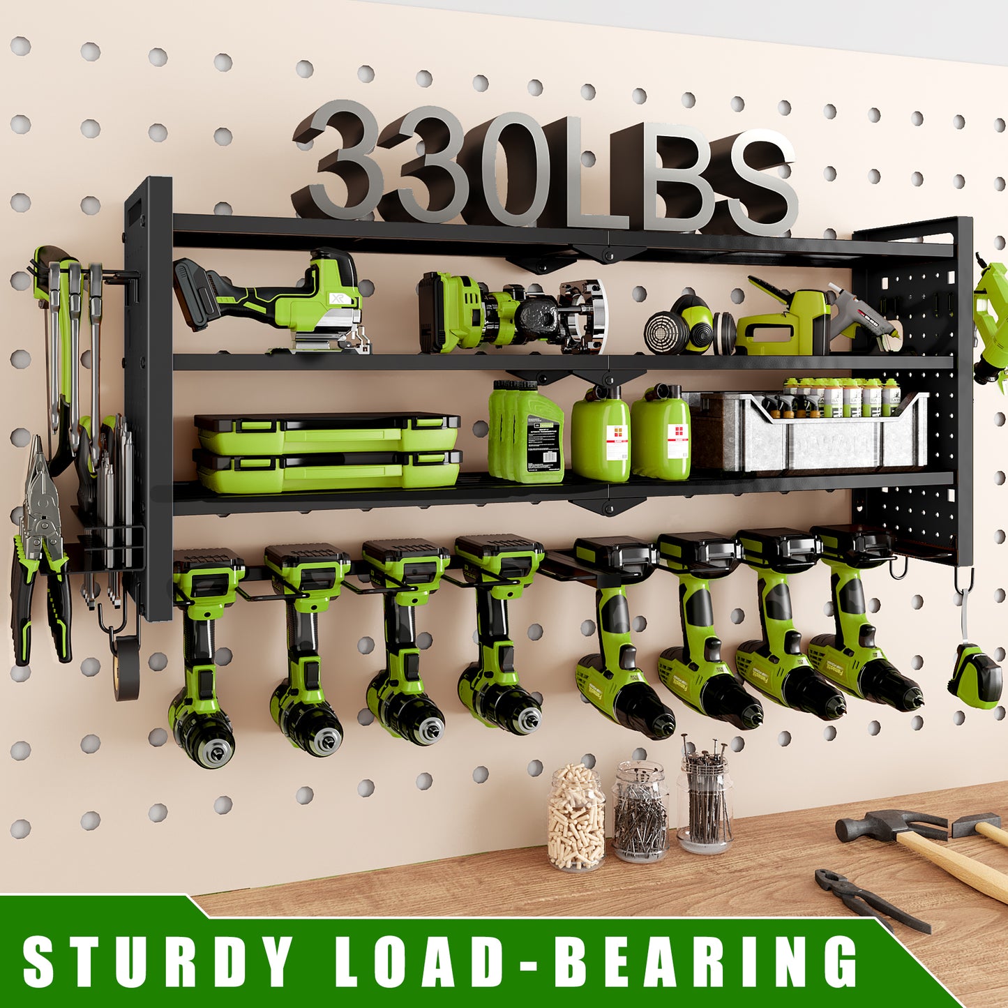 BGTREND Power Tool Organizer Wall Mount with 8 Cordless Drill Holders, 4 Layers Heavy Duty Tool Storage Shelf Organizer (Black)
