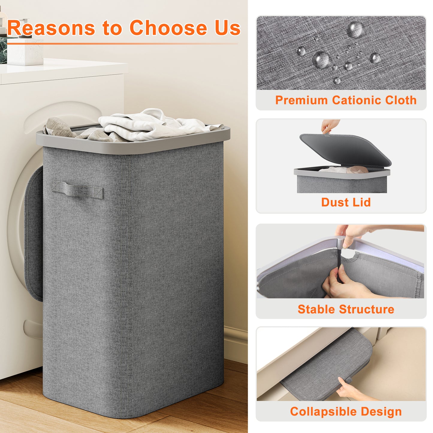 BGTREND Slim Laundry Hamper with Lid 85L Foldable Clothes Basket with Removable Mesh Bag & Plastic Handle for Closet Bathroom Bedroom (Gray)