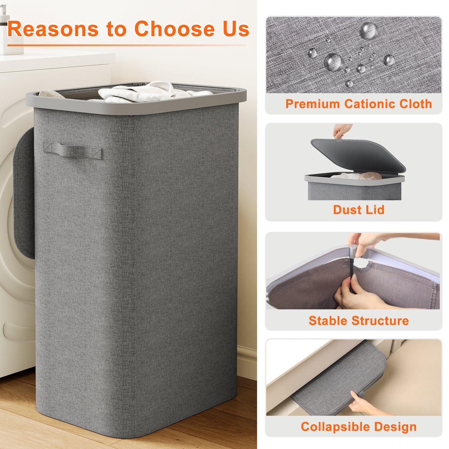 BGTREND Slim Laundry Hamper with Lid 110L Foldable Clothes Basket with Removable Mesh Bag & Handle for Closet Bathroom Bedroom (Gray)