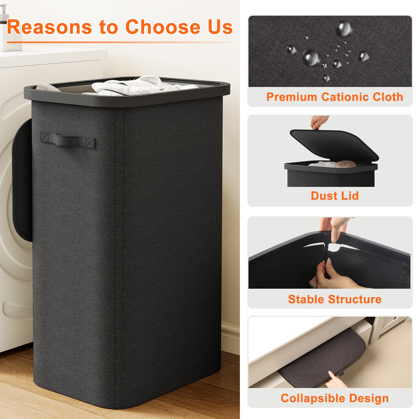 BGTREND Slim Laundry Hamper with Lid 110L Foldable Clothes Basket with Removable Mesh Bag & Handle for Closet Bathroom Bedroom (Black)