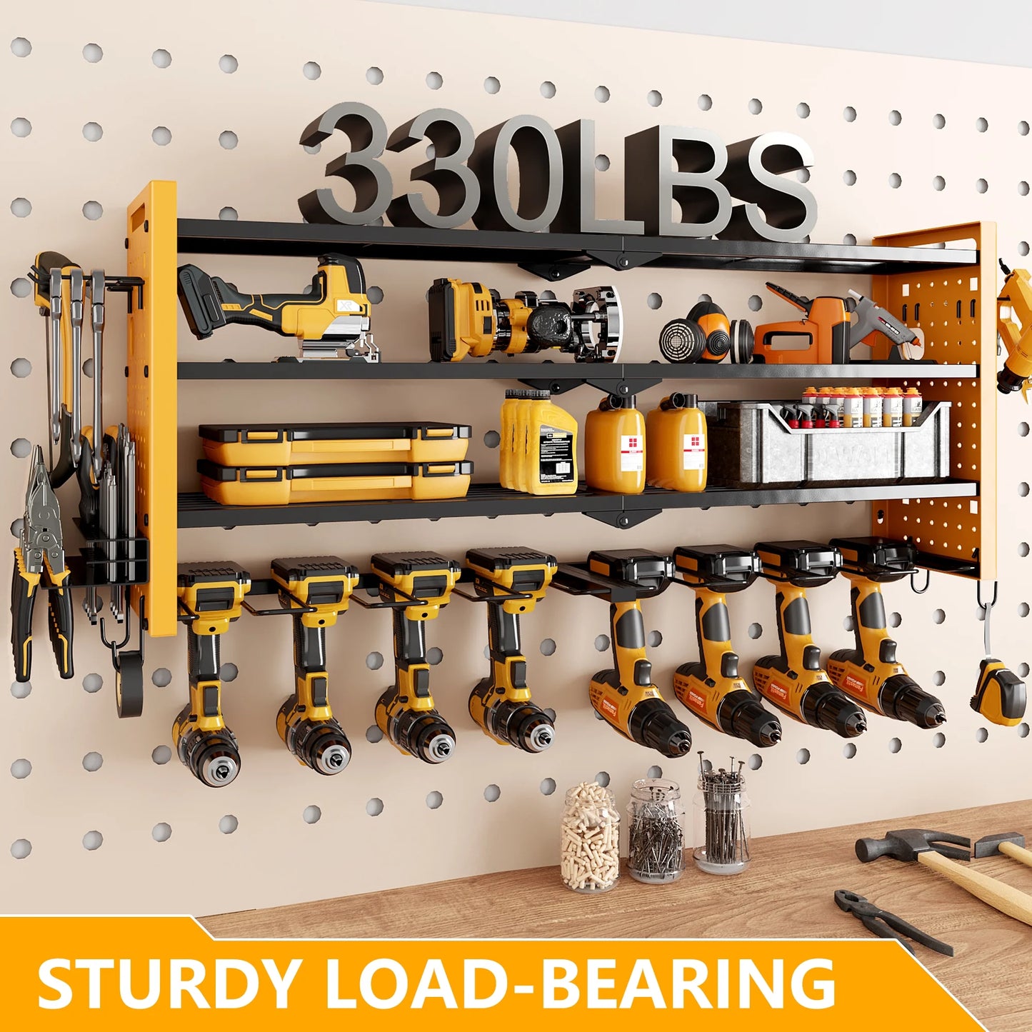 BGTREND Power Tool Organizer Wall Mount with 8 Cordless Drill Holders, 4 Layers Heavy Duty Tool Storage Shelf Organizer (Yellow)