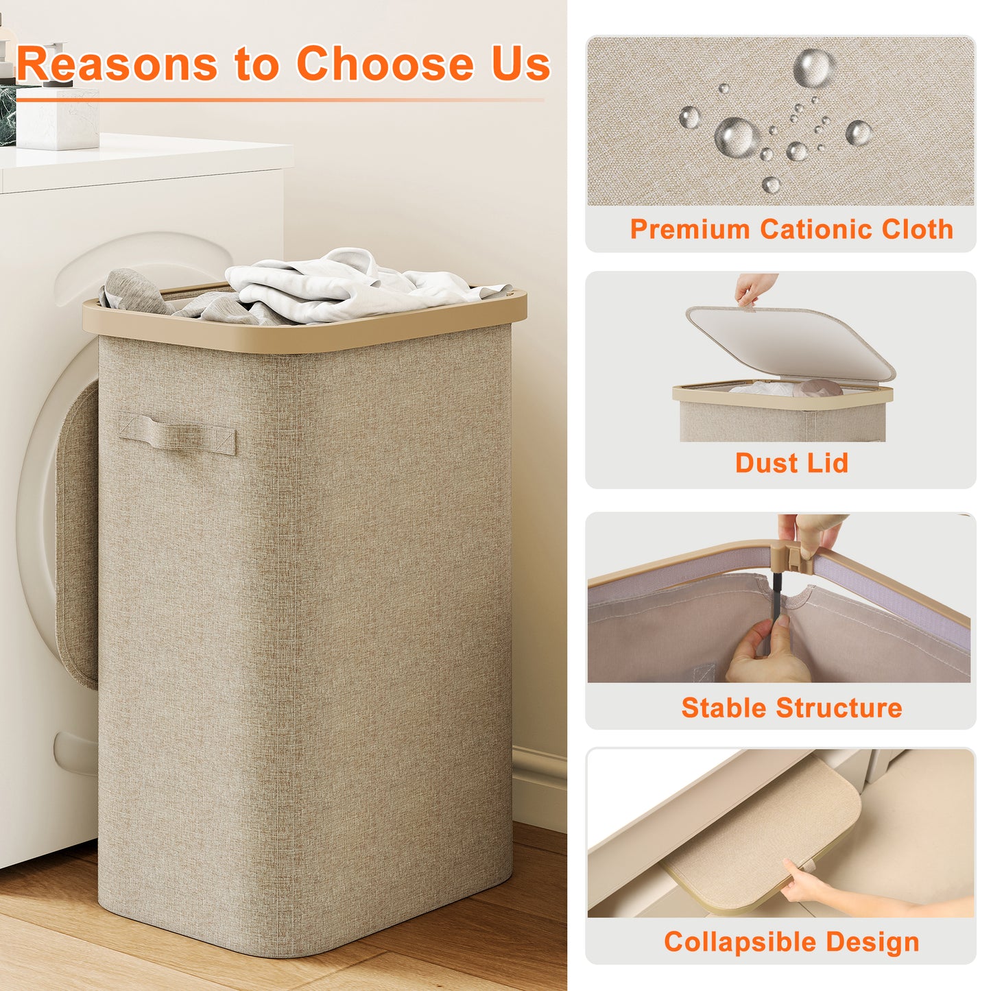 BGTREND Slim Laundry Hamper with Lid 85L Foldable Clothes Basket with Removable Mesh Bag & Plastic Handle for Closet Bathroom Bedroom (Beige)