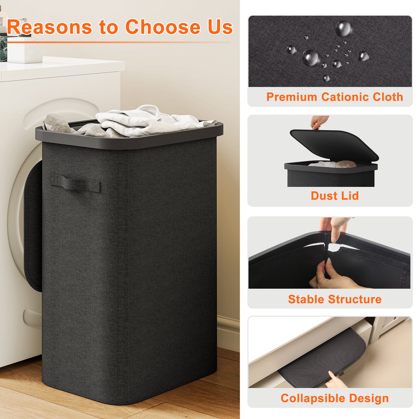 BGTREND Slim Laundry Hamper with Lid 85L Foldable Clothes Basket with Removable Mesh Bag & Plastic Handle for Closet Bathroom Bedroom (Black)