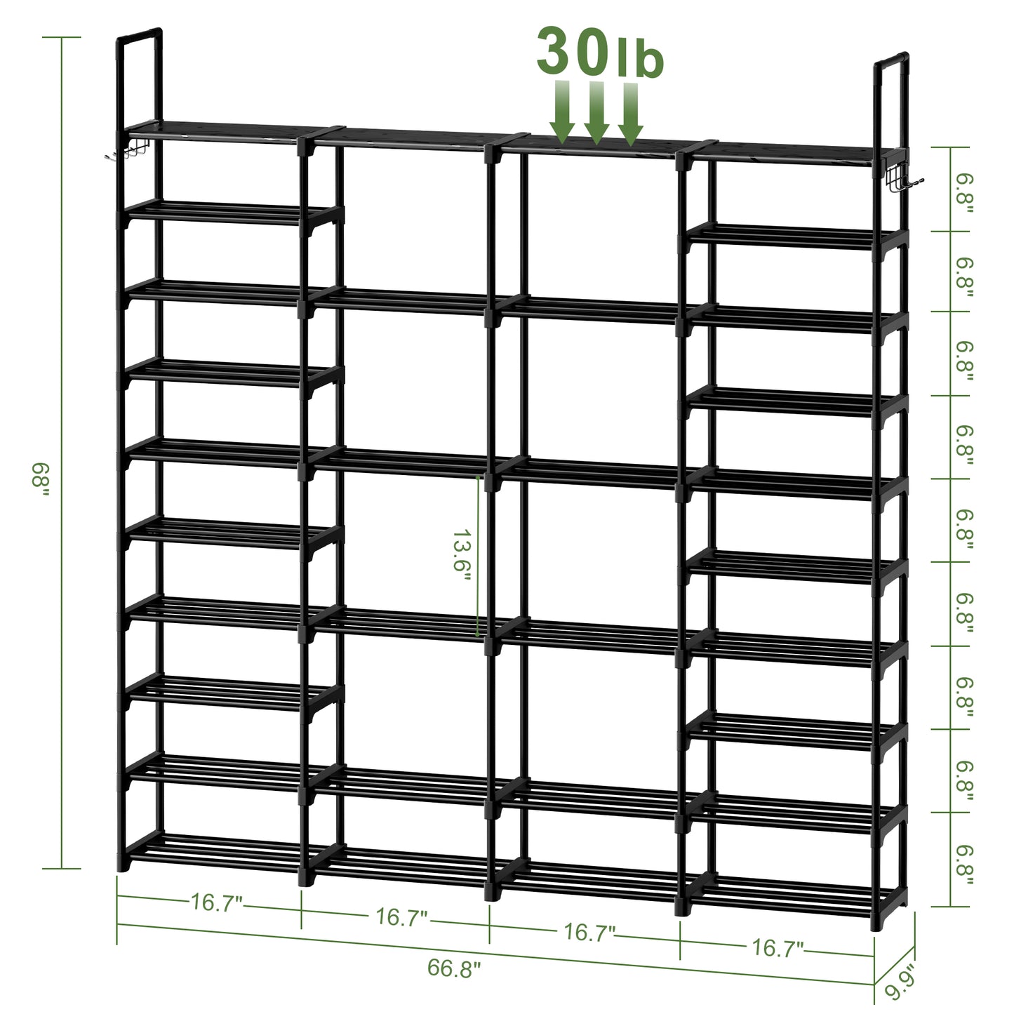 BGTREND 10-Tier Shoe Rack 4-Row Large Metal Shoe Storage Organizer 65-70 Pairs for Garage Entryway Closet (68 inches, Black)