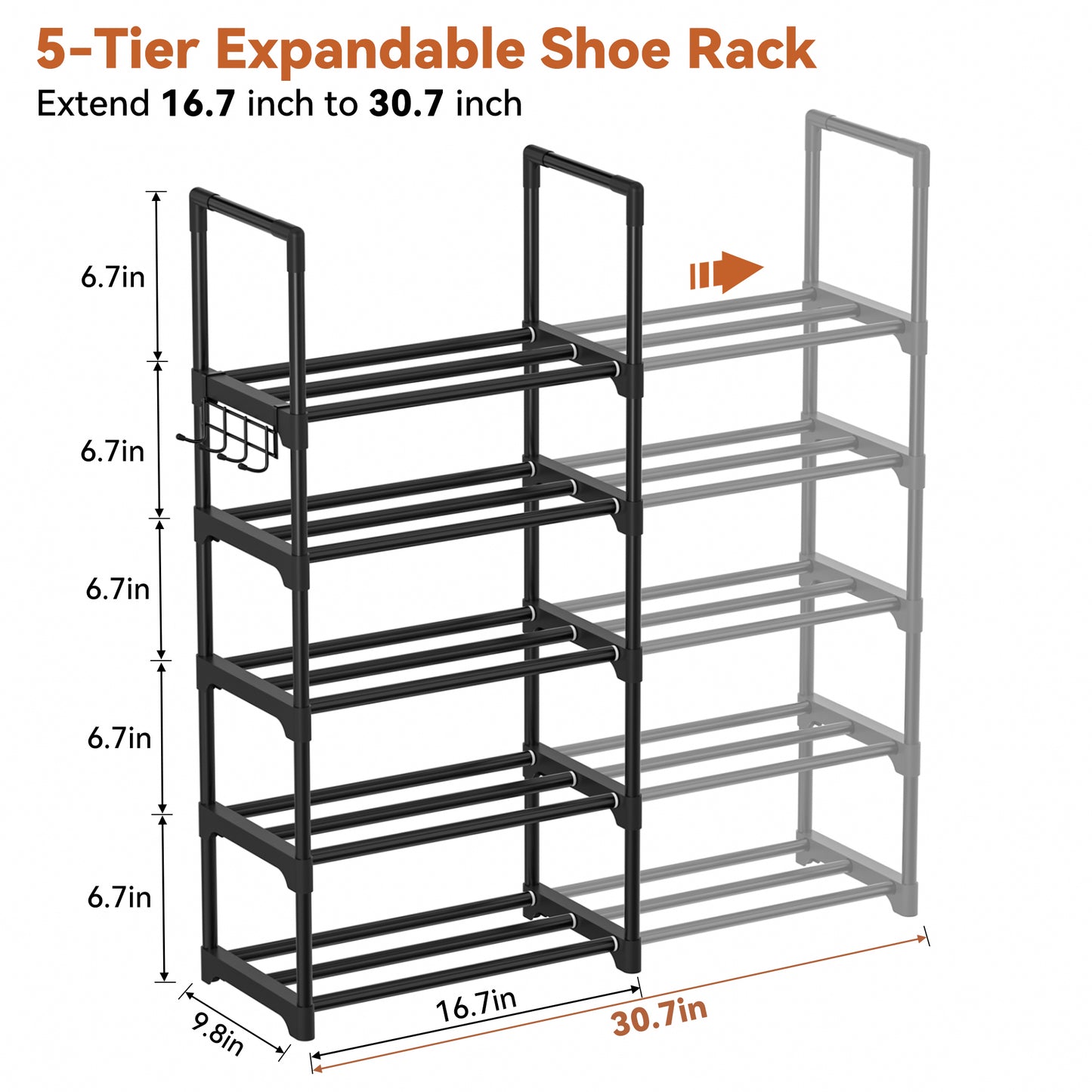 BGTREND 5-Tier Expandable Shoe Rack, Adjustable Metal Shoe Organizer Shelf for Closet Hallway Entryway, Black