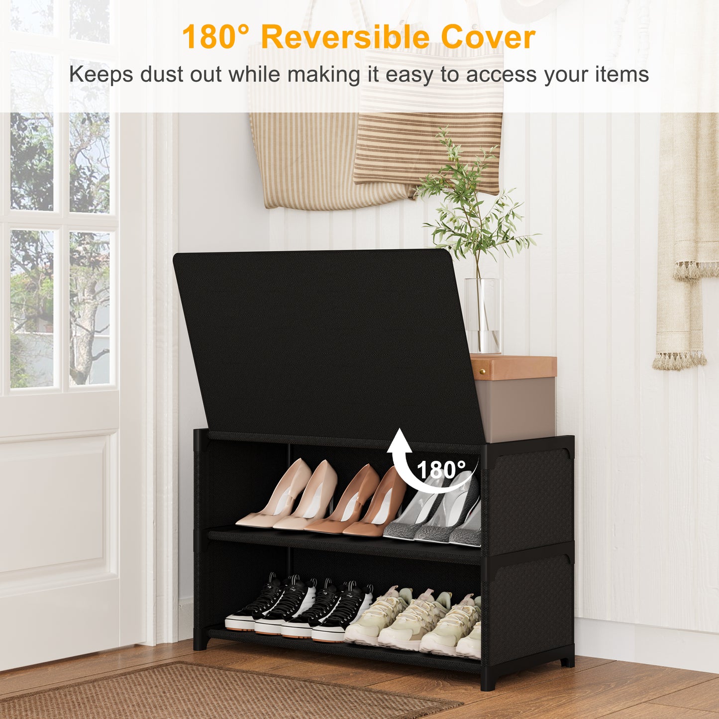 BGTREND 3 Tier Shoe Rack with Covers Shoe Storage Organizer Holds 12 Pairs for Closet Entryway Hallway, Black