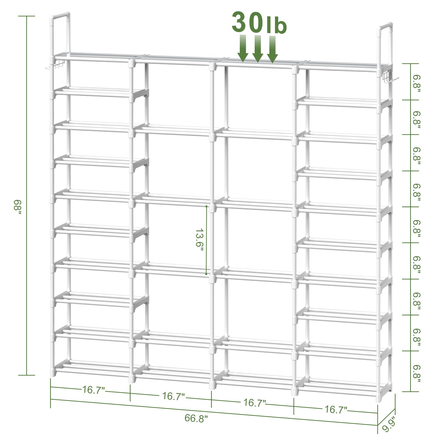 BGTREND 10-Tier Shoe Rack 4-Row Large Metal Shoe Storage Organizer 65-70 Pairs for Garage Entryway Closet (68 inches, White)