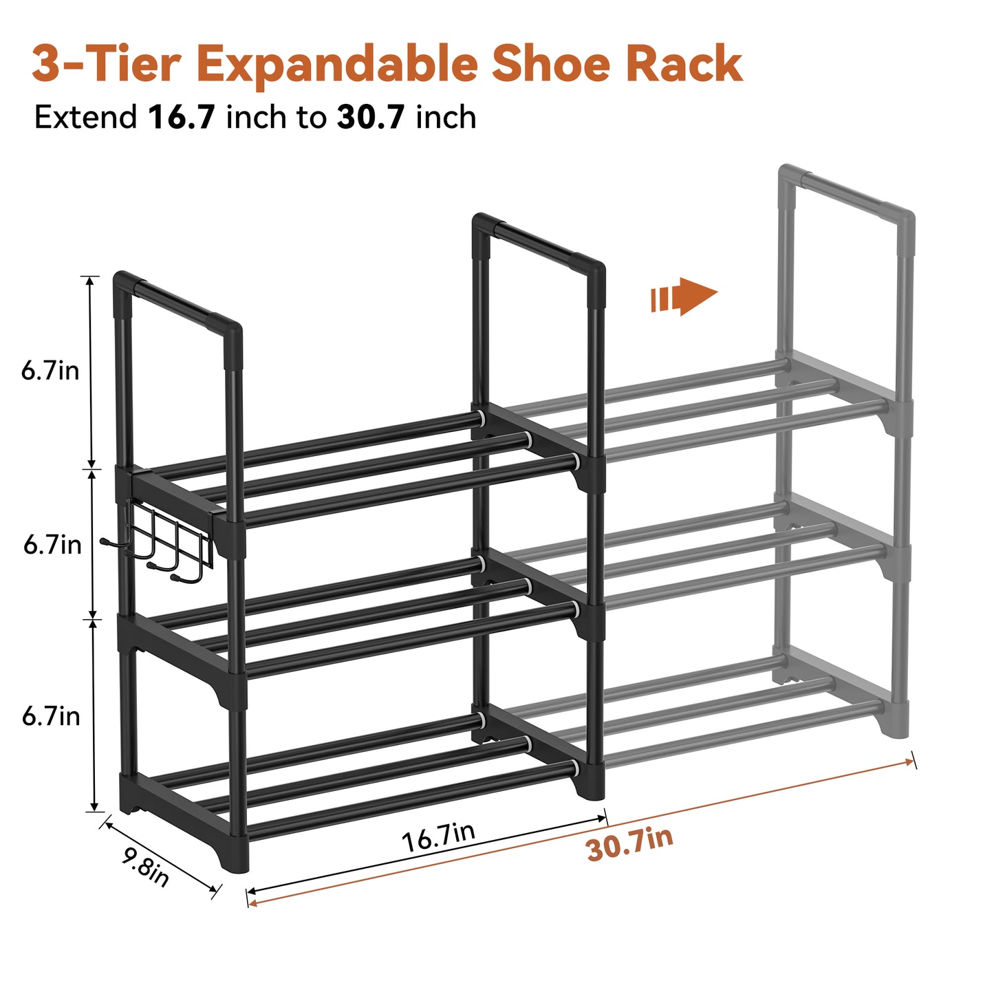 BGTREND 3-Tier Expandable Shoe Rack, Adjustable Metal Shoe Organizer Shelf for Closet Hallway Entryway, Black