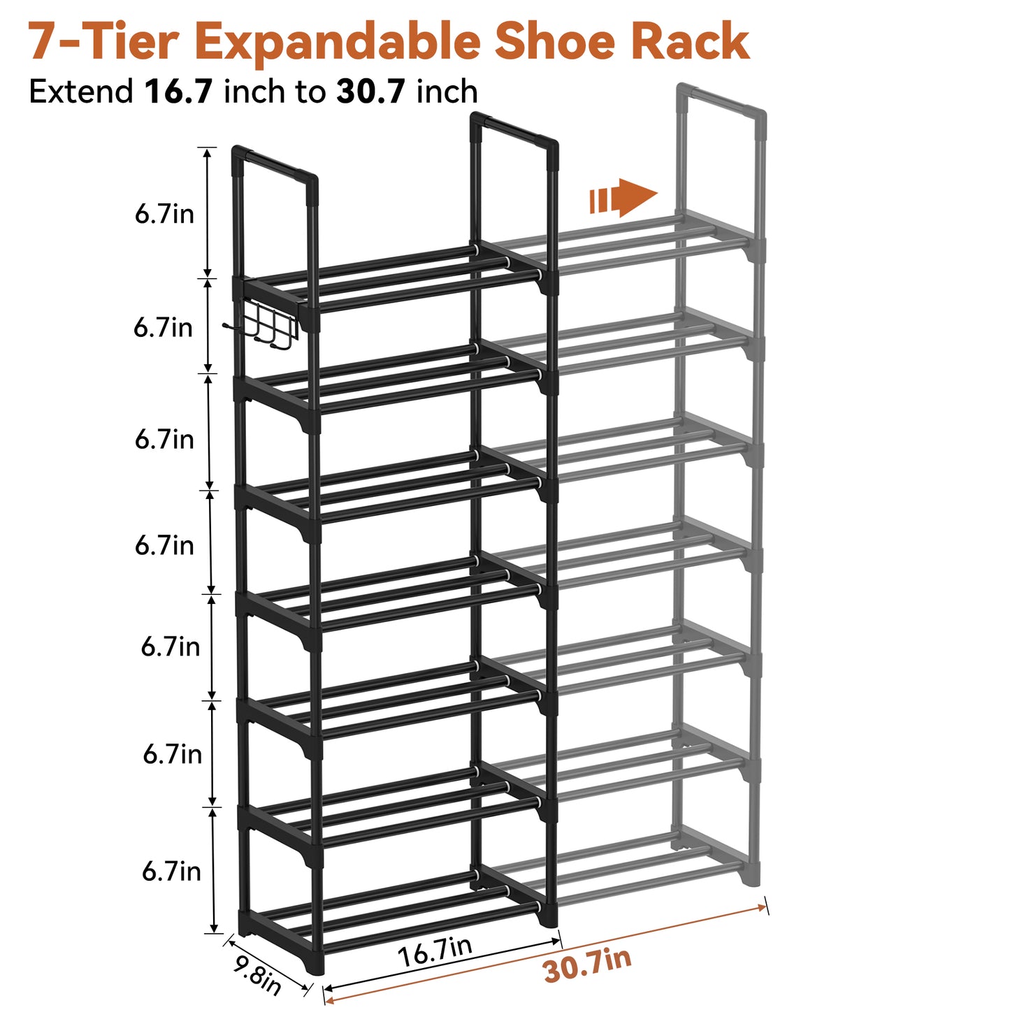 BGTREND 7-Tier Expandable Shoe Rack, Adjustable Metal Shoe Organizer Shelf for Closet Hallway Entryway, Black